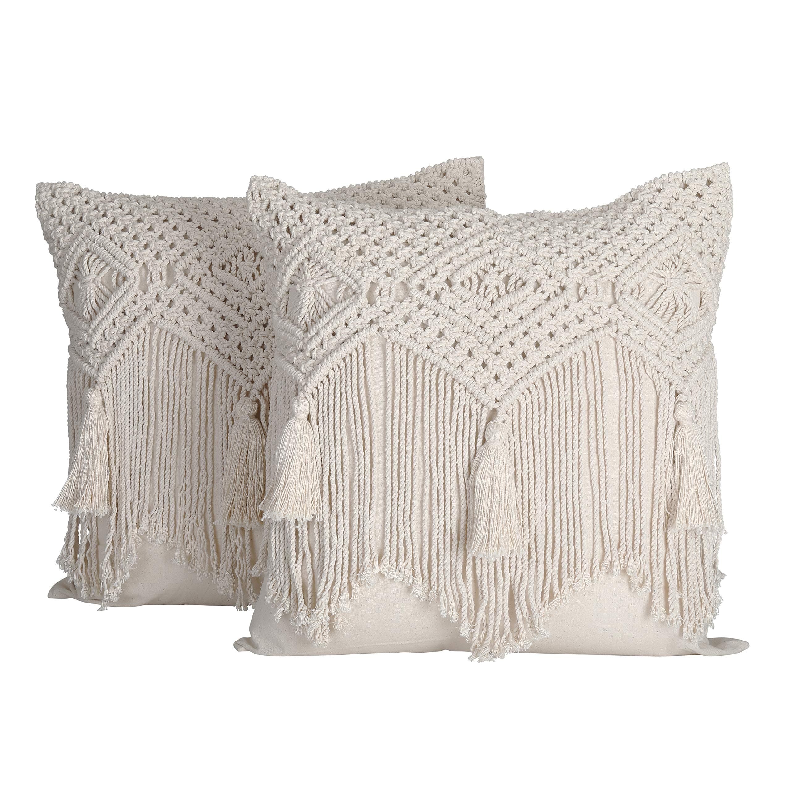 Folkulture Boho Throw Pillow Covers for Home Décor, 16X16, Macrame Pillow Covers, Modern Farmhouse Bohemian Pillow Covers for Bed, Couch or Sofa, Set of 2 with Tassels, Natural Off-White