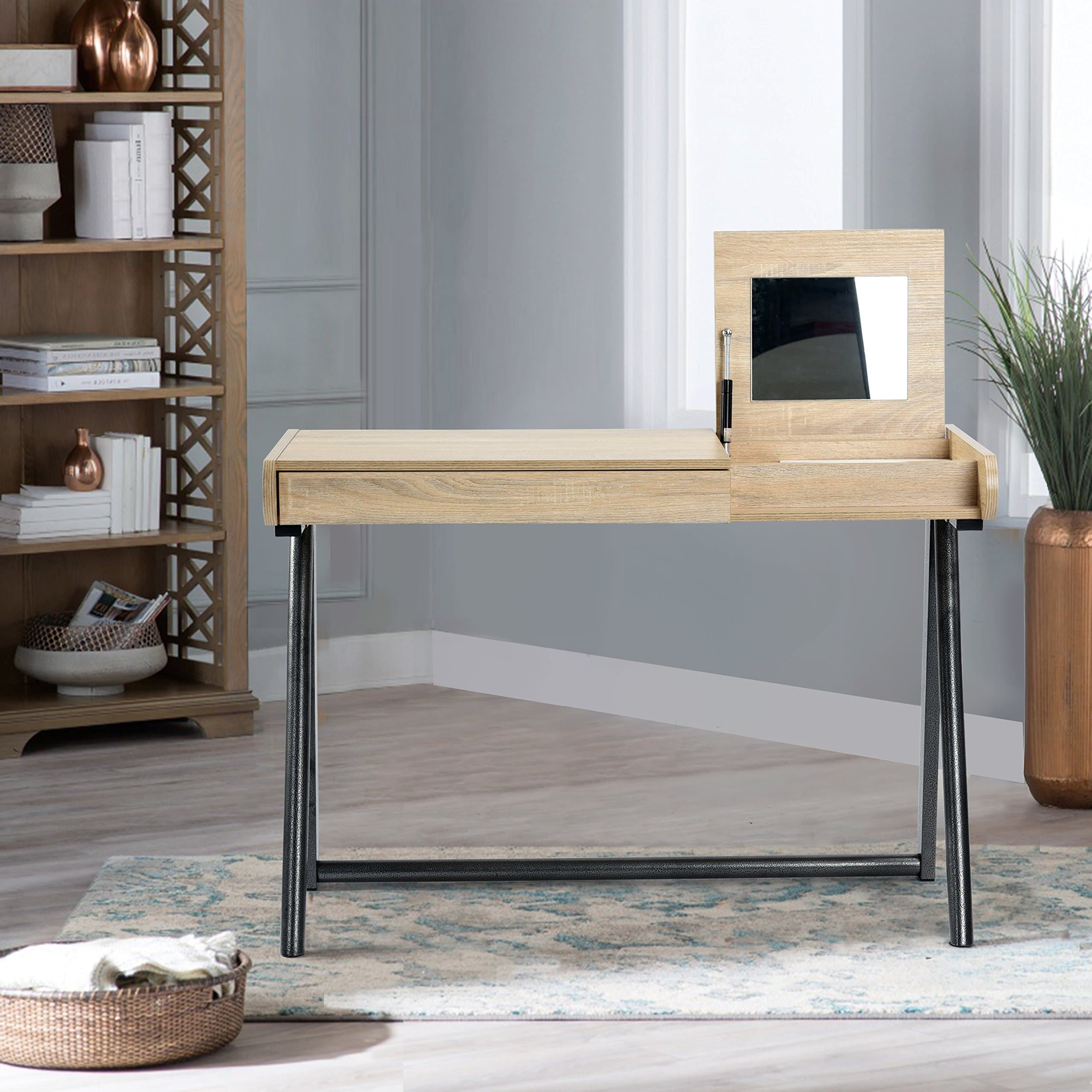 Homy casa Home Office Vanity Makeup Dressing Table 1 Organizer Flip-top Mirror,Writing Computer Desk with Drawer,Black Metal Frame