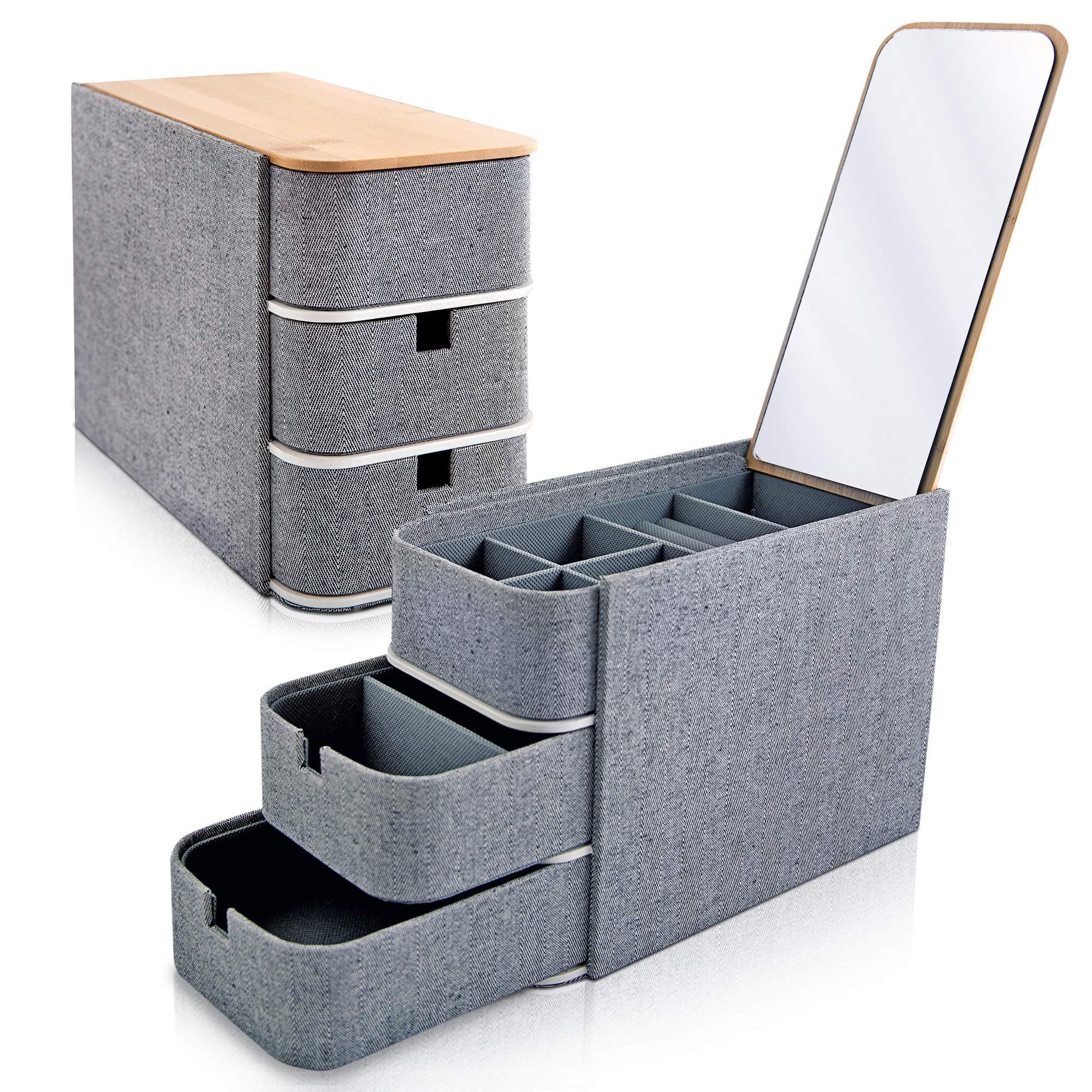 Jewelry Box Organizer Storage for Women. 3-Layer Herringbone Outer Fabric - Mirrored Bamboo Lid - Jewelry Storage for Women and Men.