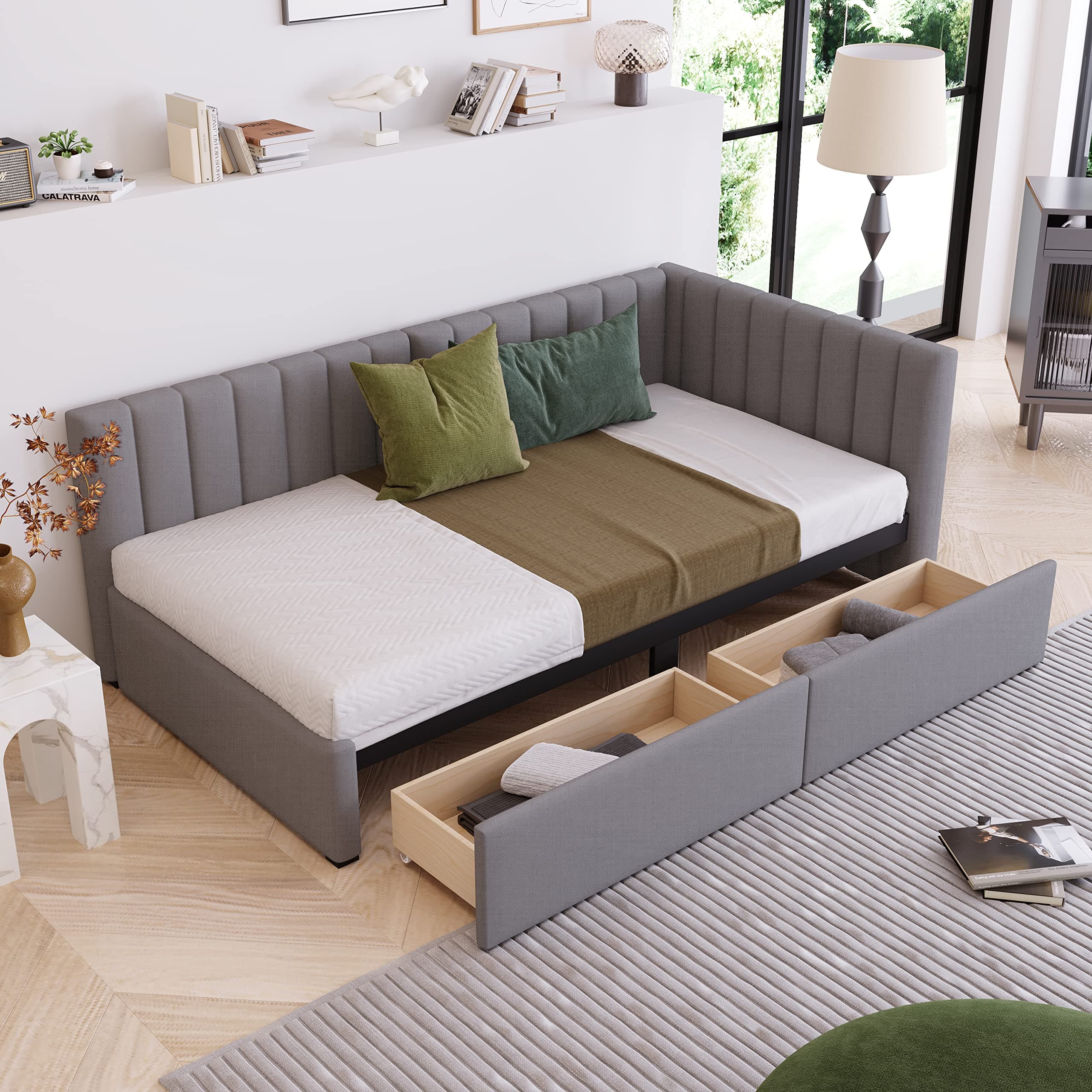 Upholstered Daybed with 2 Storage Drawers, Twin Size Sofa Bed Frame, No Box Spring Needed, Linen Fabric, Gray