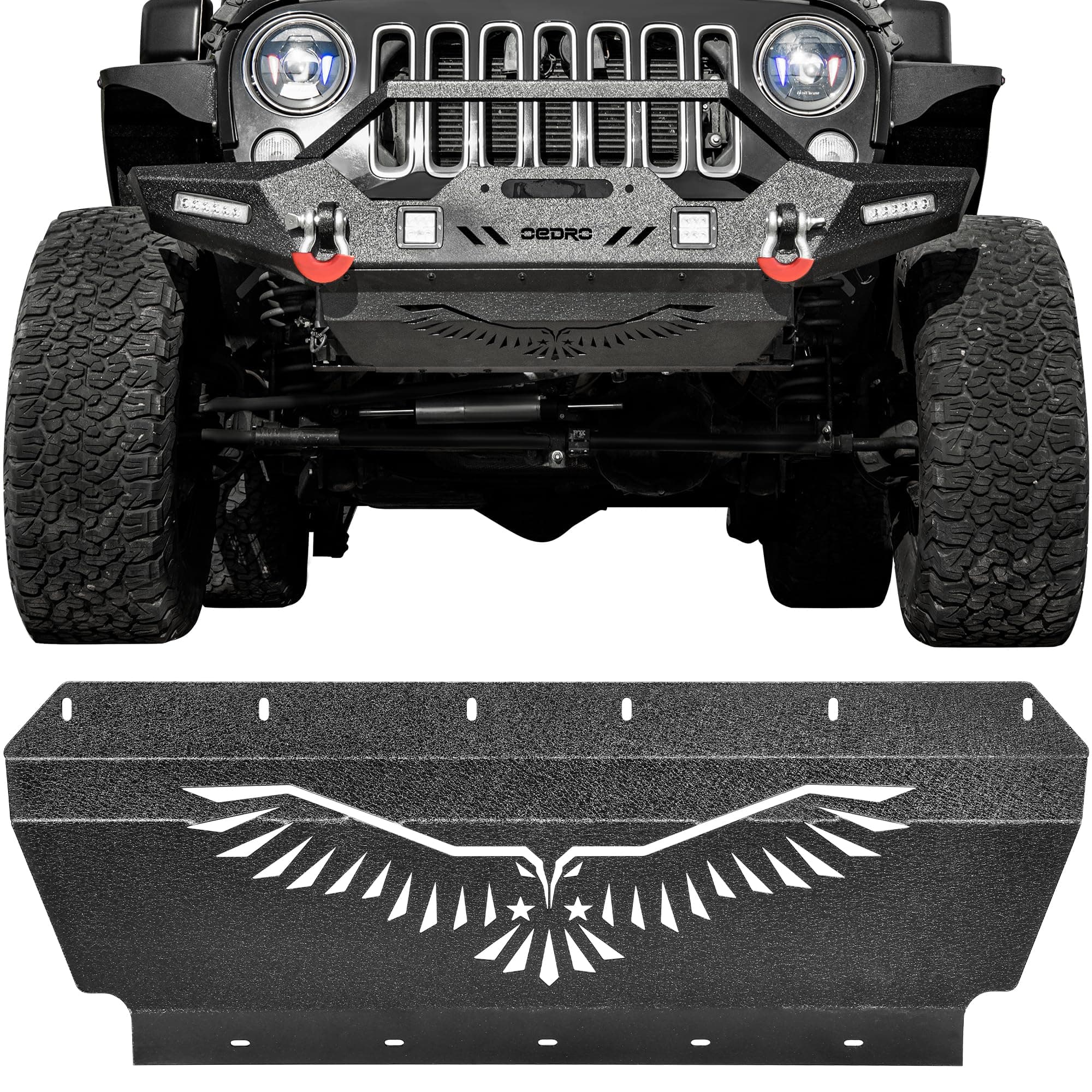 OEDRO Front Bumper and Skid Plate Compatible for 2007-2018 Jeep Wrangler JK & Unlimited, Rock Crawler Bumper with Winch Plate Mounting & 4 x LED Lights & 2 x D-Rings Off Road