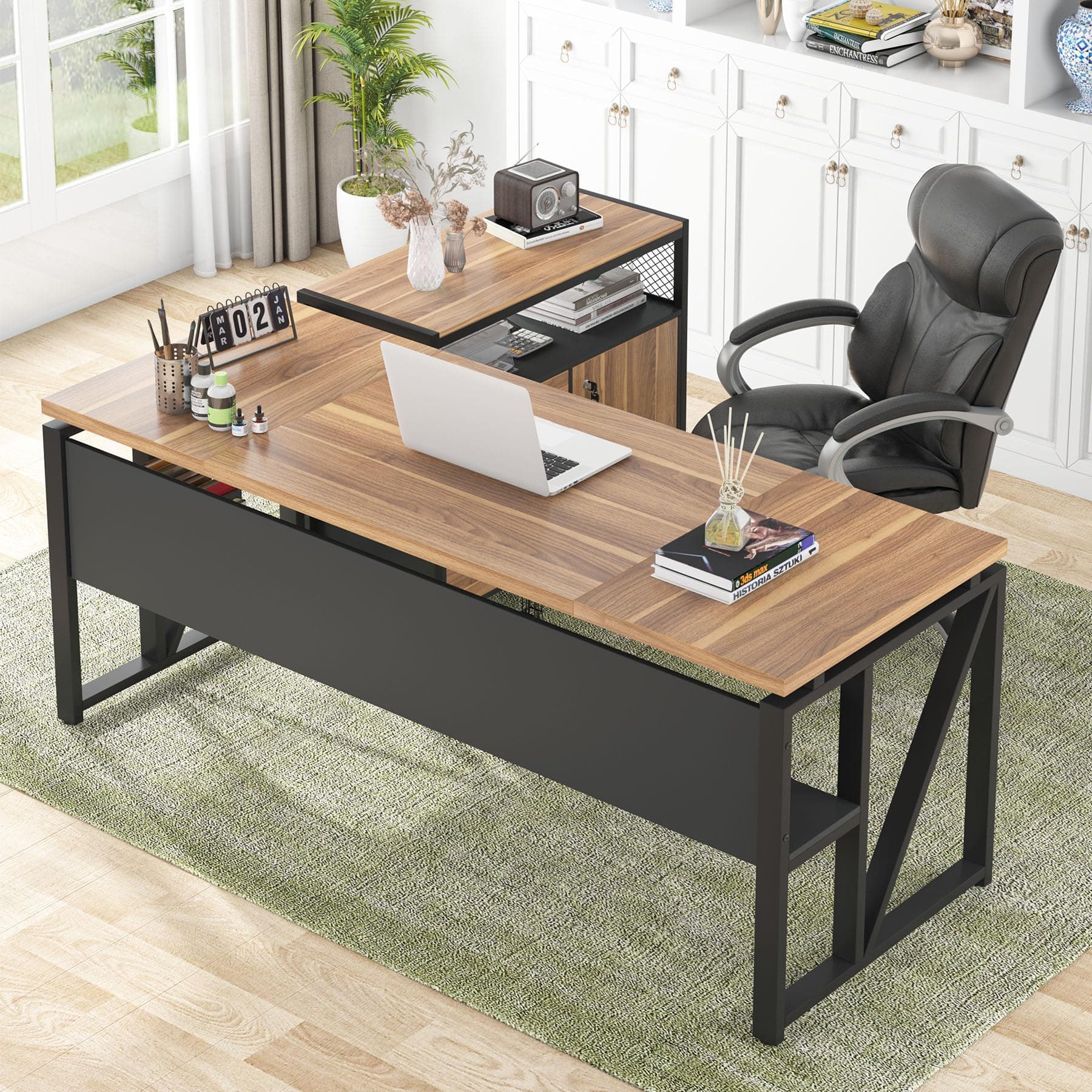 Tribesigns 63" Executive with Drawer Cabinet, L Shaped Desk and Lock lateral File Cabinet, 2 Piece Home Office Furniture Set with Drawers for Hanging File, (Brown, 63 inches)