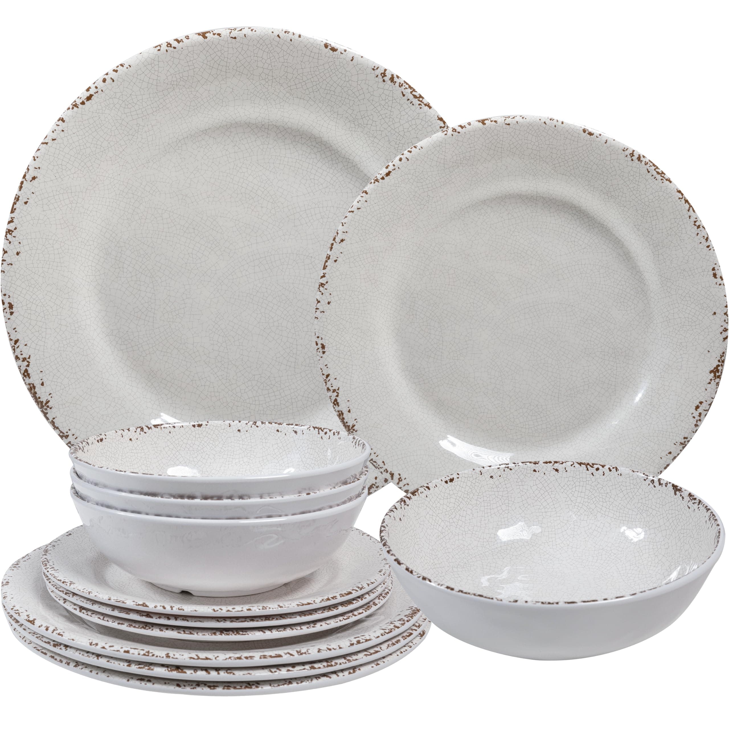 Farmhouse Melamine Dinnerware Sets,12 Pieces Dishes Dinnerware Set,Service for 4 Lightweight Kitchen Plates and Bowls Sets, Great for Casual dining and Outdoor Parties Camping or RVs, White