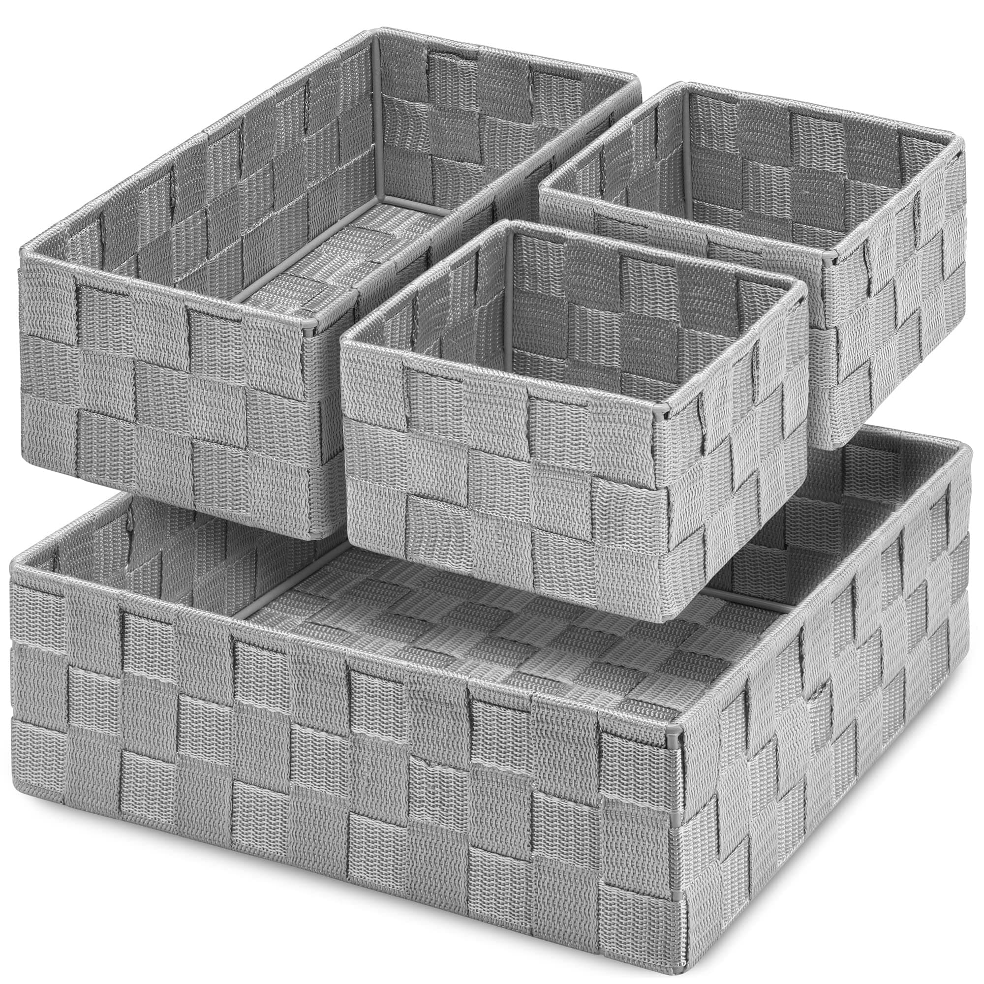 Posprica Drawer Organizer Bins,Woven Strap Storage Box Cube Basket Containers Divider for Organizing drawers, Shelves, Closets, Cabinets, Dressers and Countertops,set of 4, Light Grey