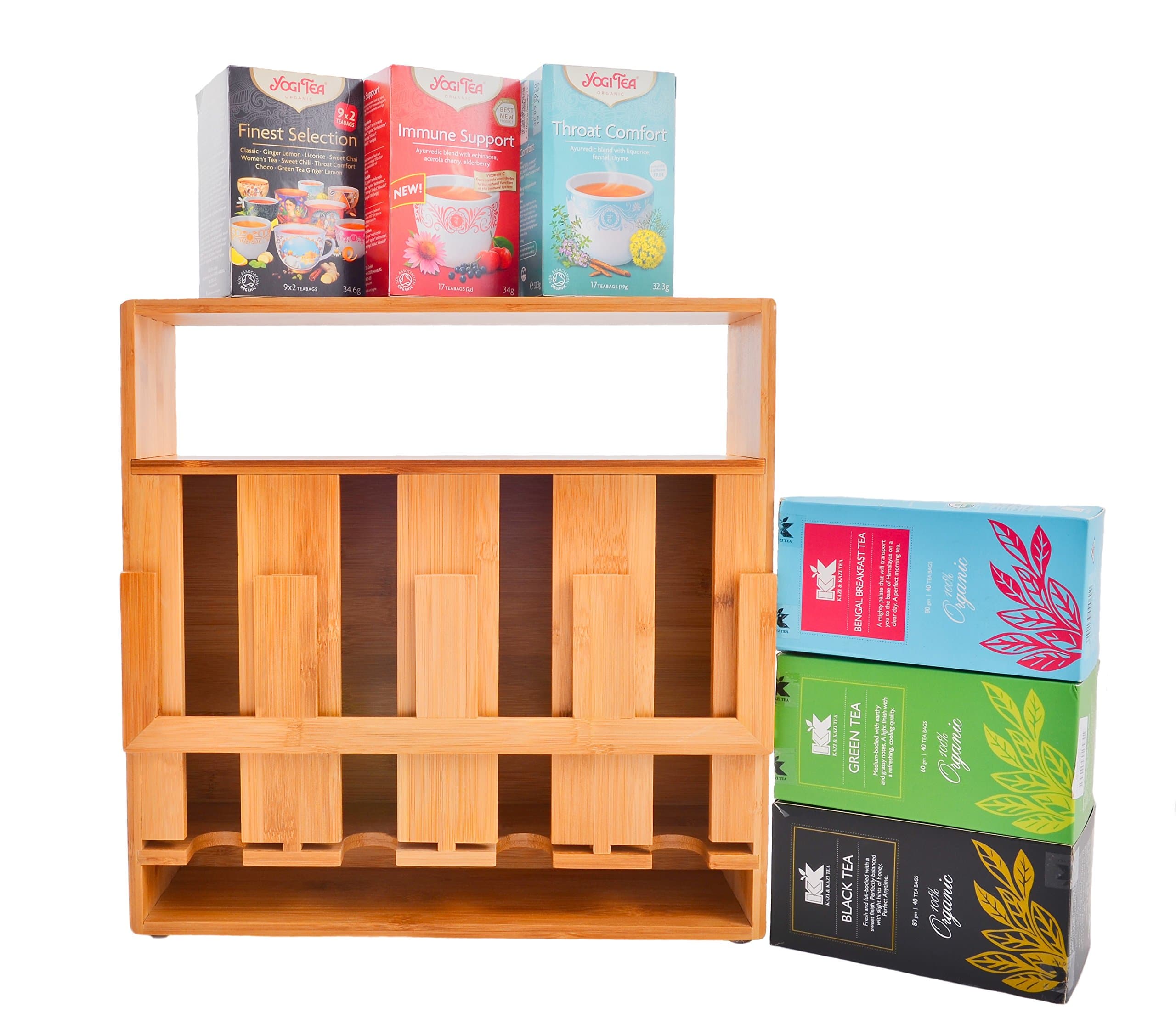 Refine Bamboo Tea Bag Organizer, 4 compartments 200 sachets high capacity wooden vertical storage solution for your tea bags, with display window