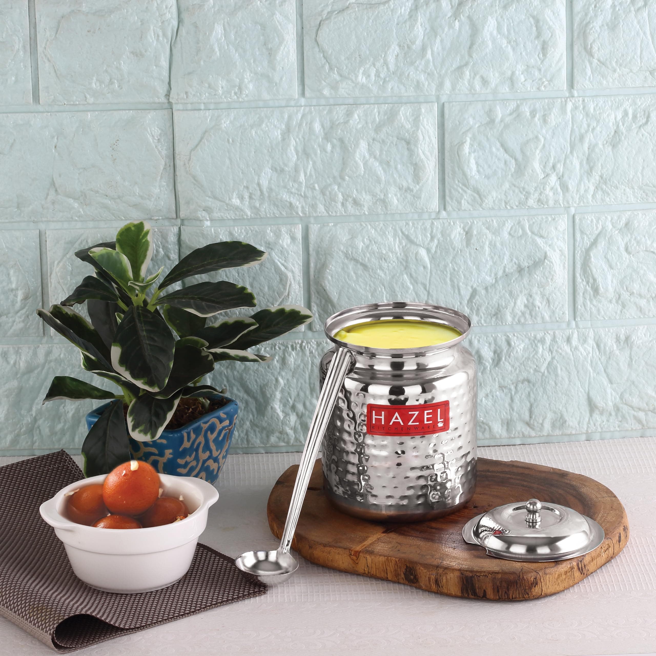 Stainless Steel Ghee Container with Spoon | 350 ML Hammered Design Steel Oil Jar with Lid for Kitchen | SS Storage Pot for Cooking