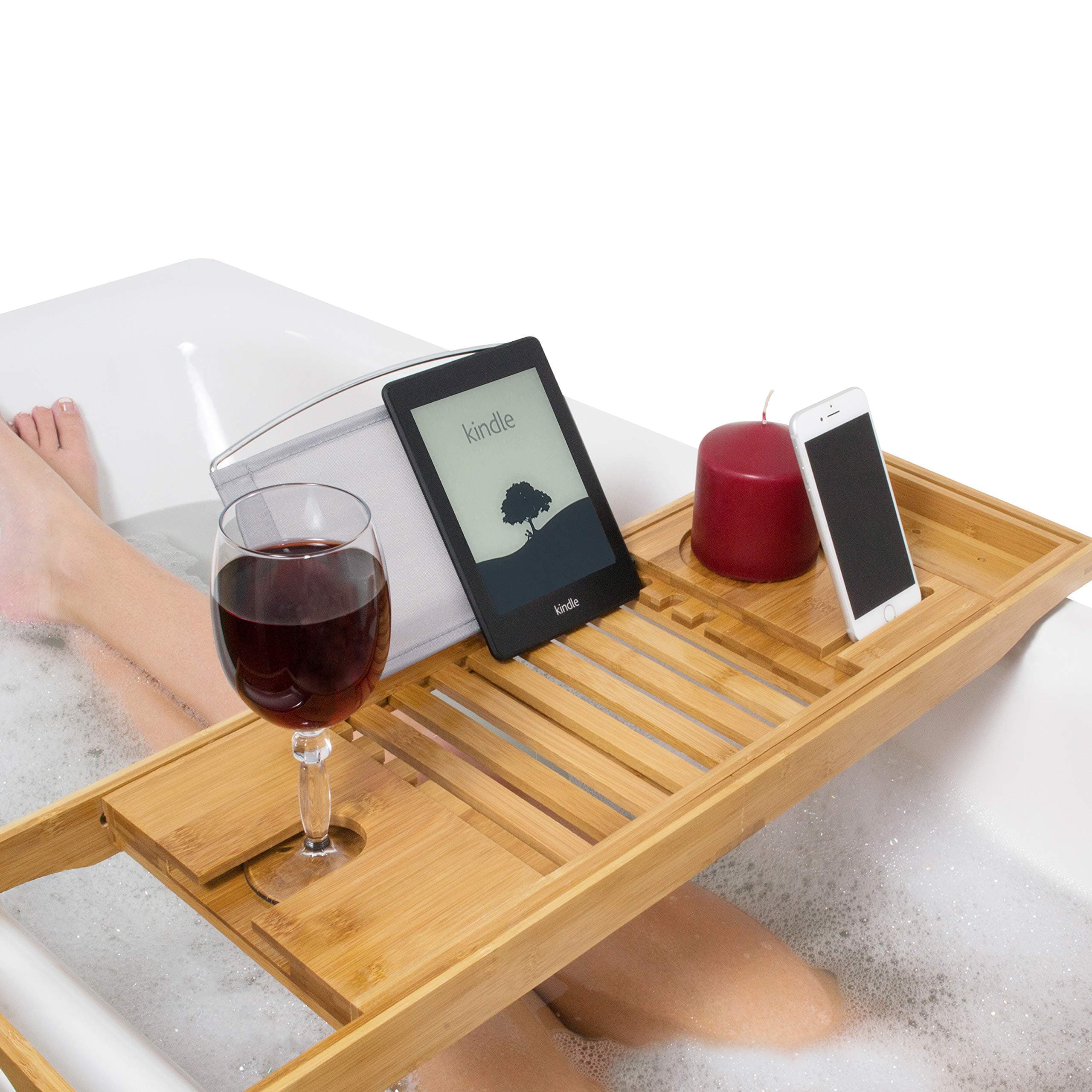 Premium 100% Natural Bamboo Bath Caddy Bridge – Extendable Luxury Book Rest, Wine Glass Holder, Device (Tablet, Kindle, iPad, Smart Phone) Tray for a Home-Spa Experience – Fits Most Bath Sizes