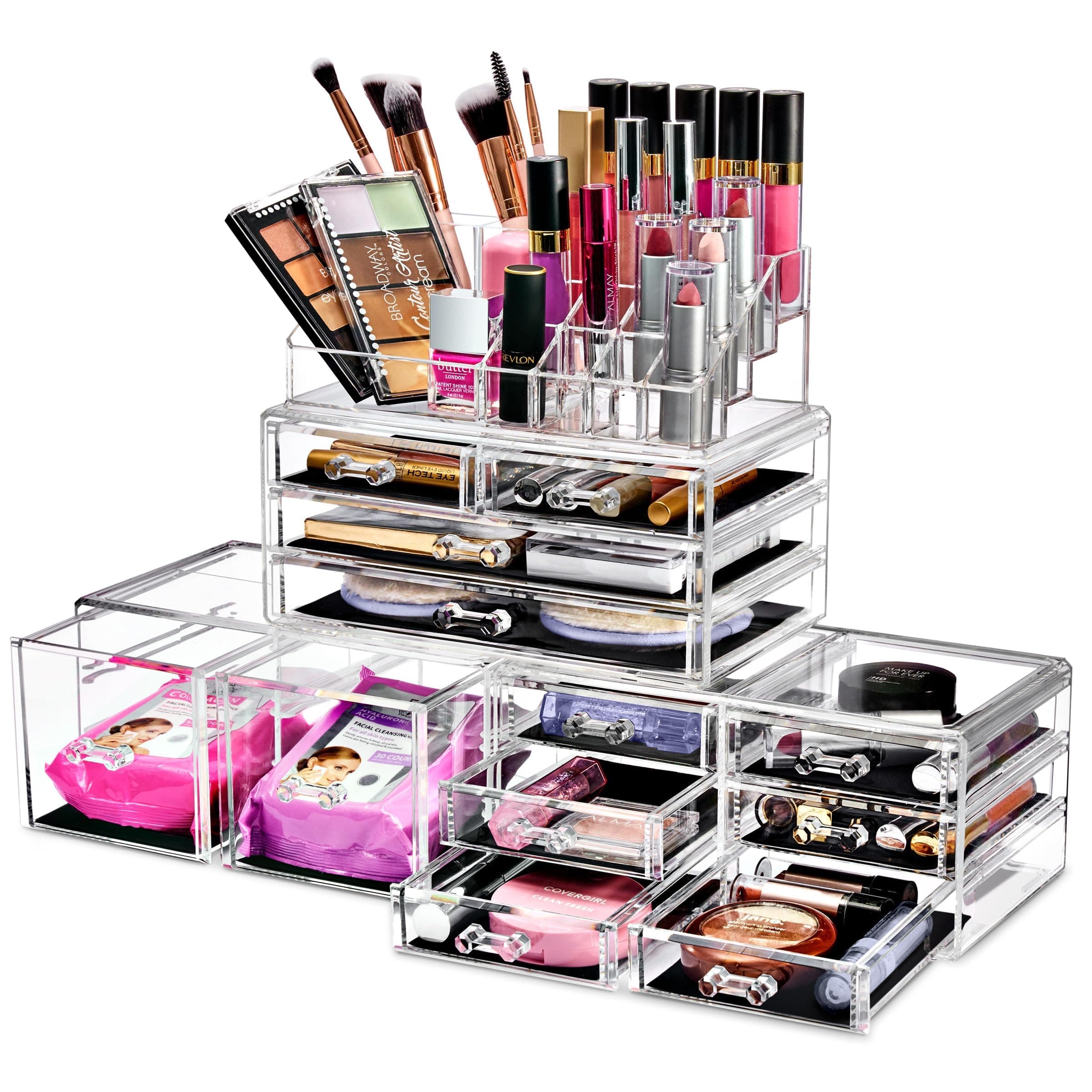 Sorbus Large Makeup Organizer - Clear Stackable Jewelry Makeup Organizer for Vanity, Bathroom Storage Display Case - 12 Drawers Cosmetic Beauty Organizers and Storage with Lipstick Makeup Brush Holder