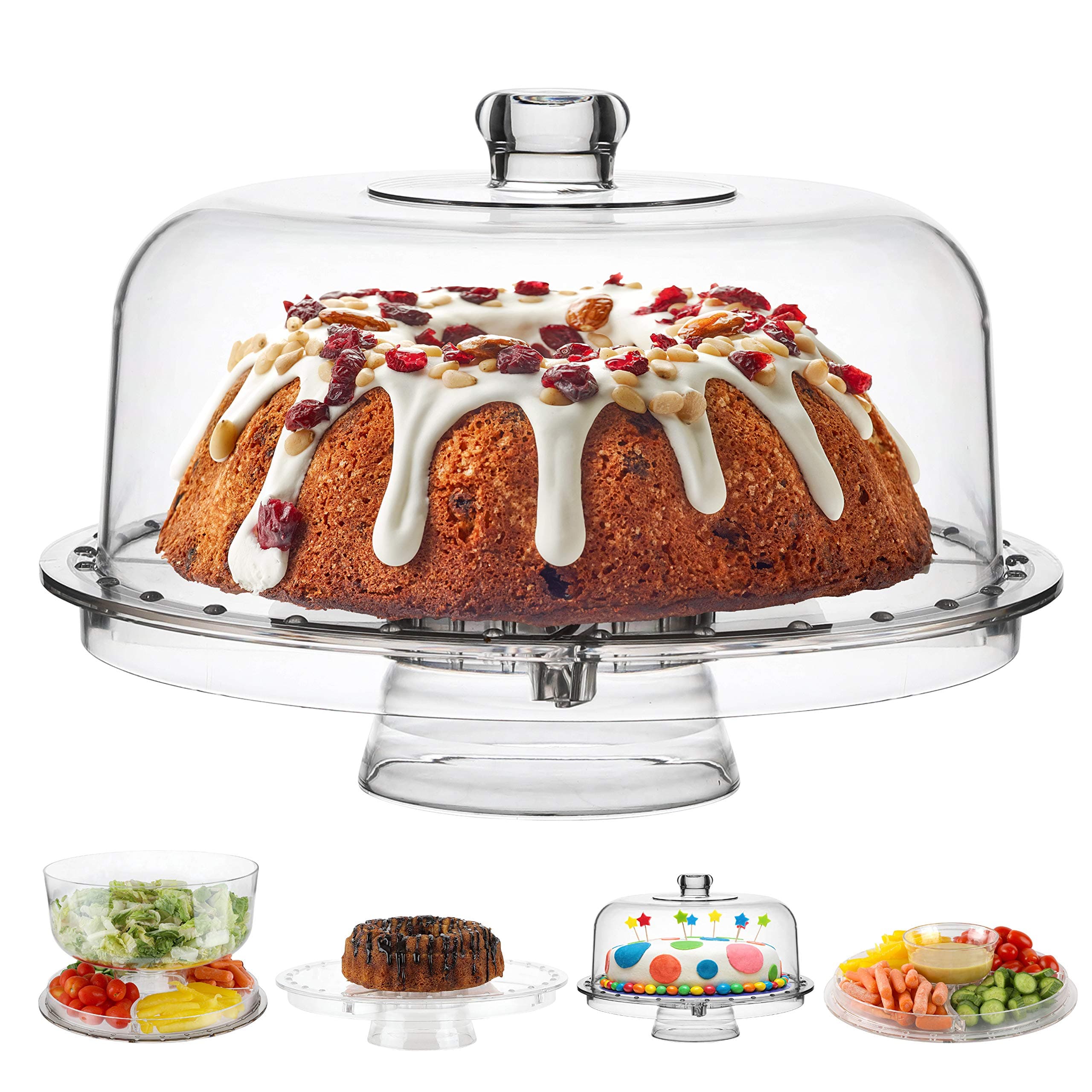 HORBAC Homeries Multi-Purpose 6 In 1 Cake Stand With Dome Lid - Multifunctional Serving Platter And Cake Plate - Use As Salad Bowl/Veggie Platter/Punch Bowl/Desert Platter/Nachos & Salsa Plate