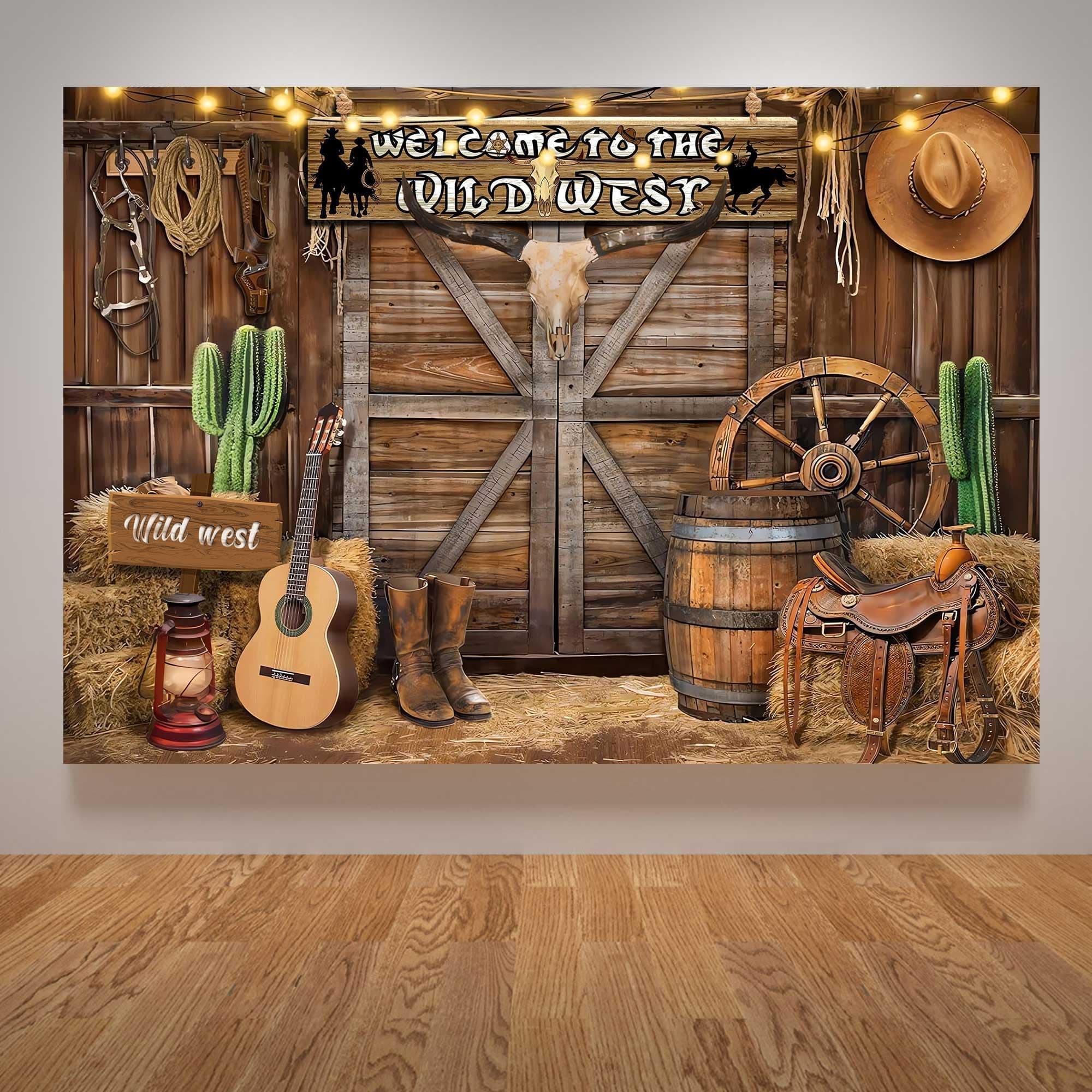 – Western Party Theme Backdrop 5.9 * 3.6 Ft Western Cowboy Party Decorations Supply Wild West Theme Decor Wooden House Barn Photo Background for Kids Phott Birthday Banner Rustic Booth