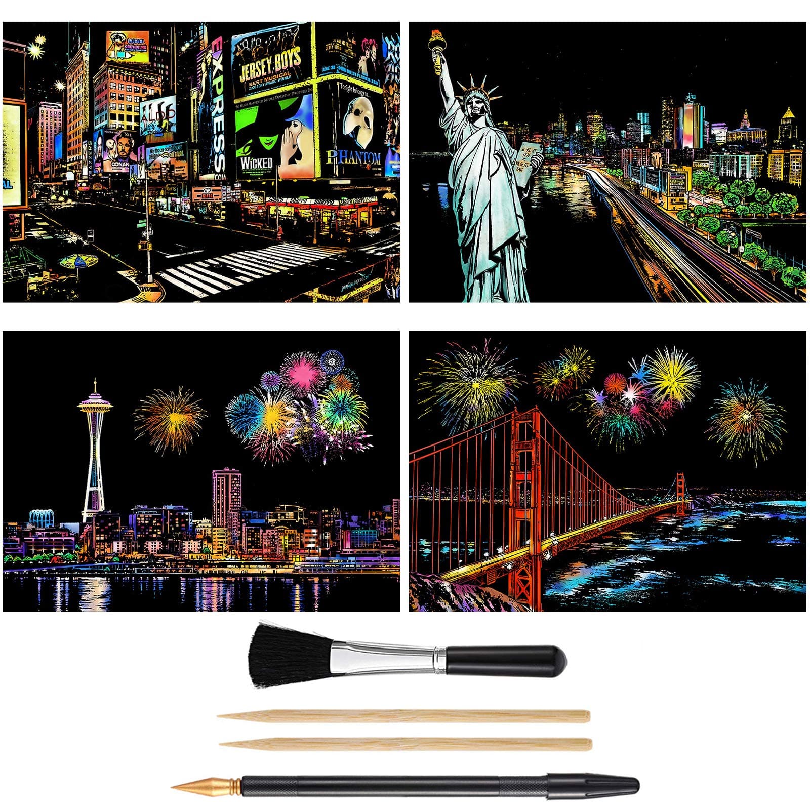 Scratch Art Rainbow Painting Paper, 4 Sheets (A4) Scratch Off Night View with Tools DIY Scratchboard Crafts Womens Hobbies, Engraving Arts Adults Scratch Painting Party Gift