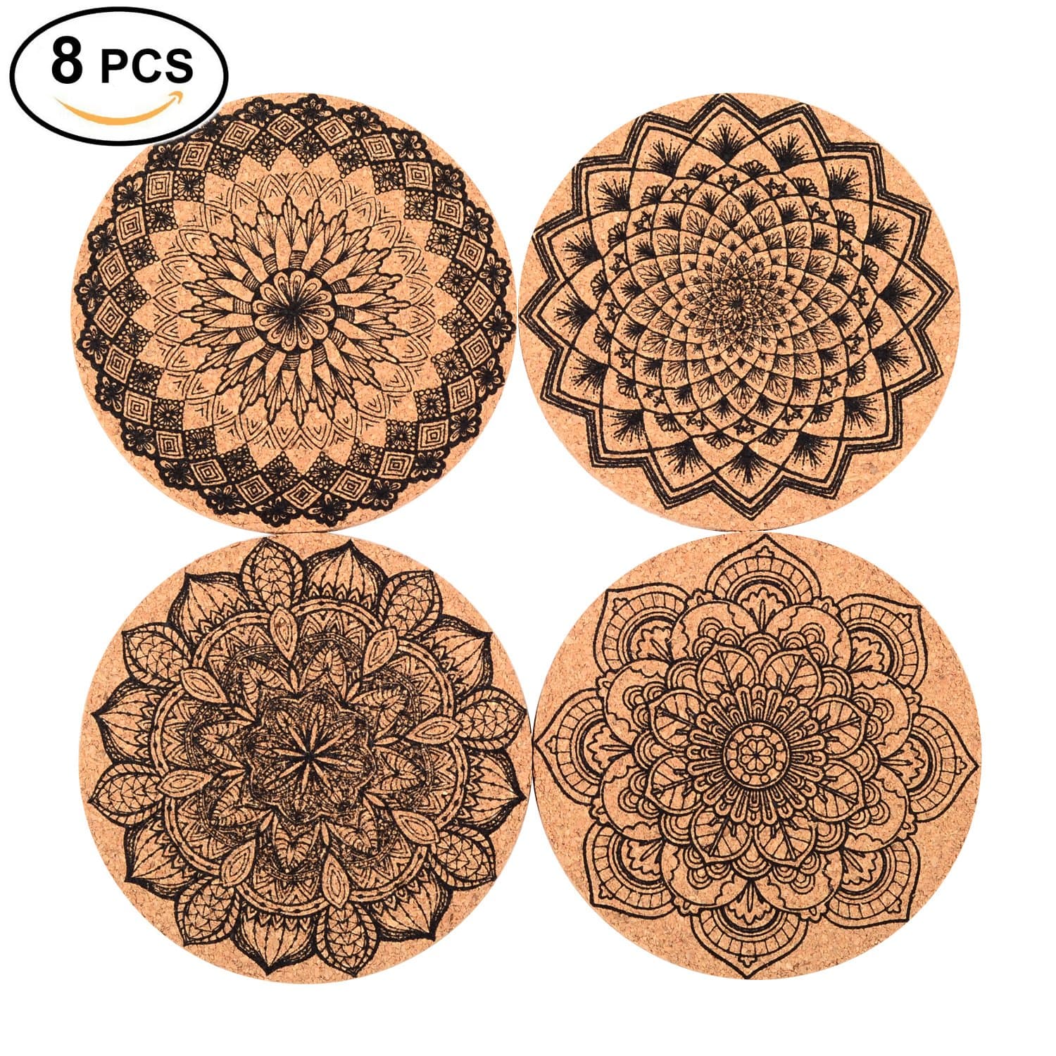 Cork Coasters For Drinks Absorbent and Reusable - 4 Inches Perfect for Most Kind of Glasses - 1/5" Thick Mandala Style- Save Your Furniture Surface From A Liquid Ring - Set of 8