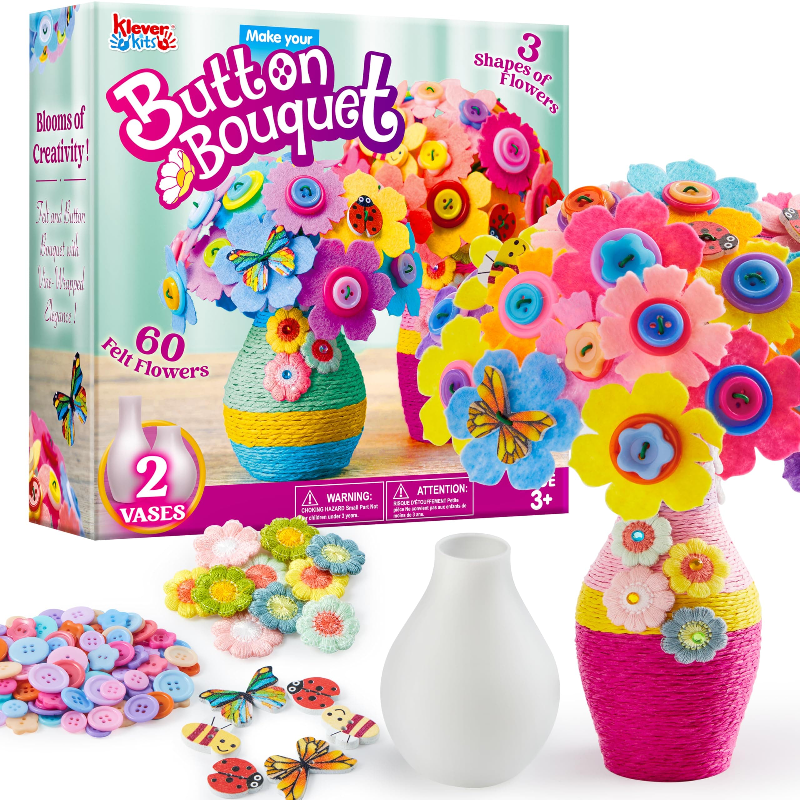 Button Flower Craft with 2 Vases - Make Your Own Flower Bouquet with Button and Felt - DIY Kits Art and Crafts Gift for Birthday