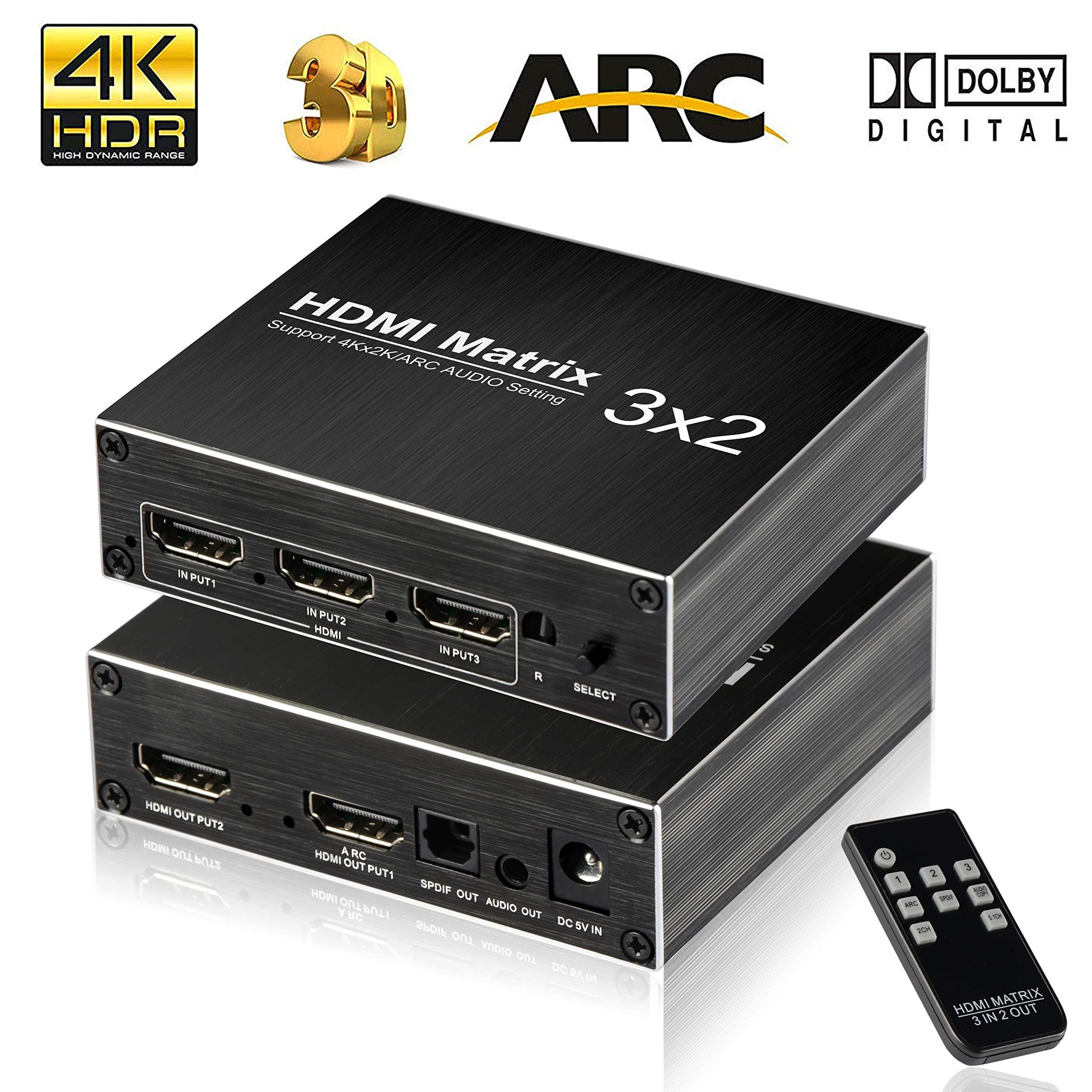 4K HDMI Switch 3x2, befen 4K 60Hz HDR HDMI Switch Splitter 3 in 2 Out, Support 4K 1080P 3D ARC with Optical TOSLINK & R/L Audio Extractor
