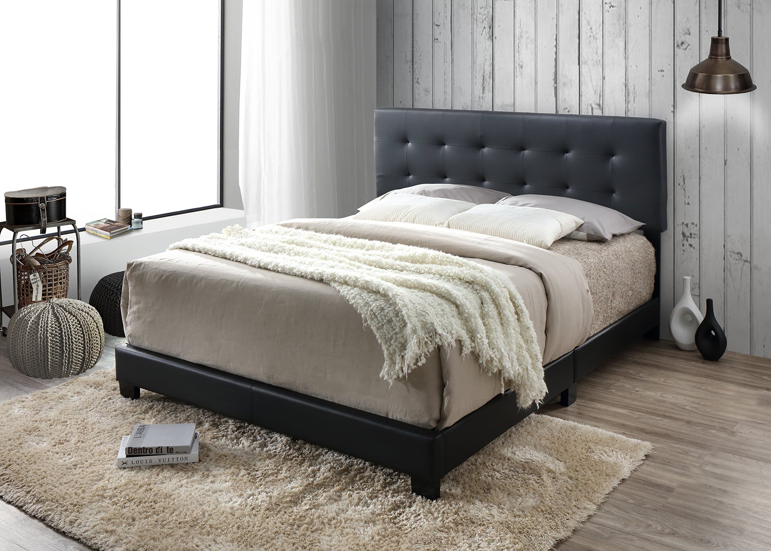 Black Bonded Leather Queen Size Upholstered Tufted Headboard Footboard