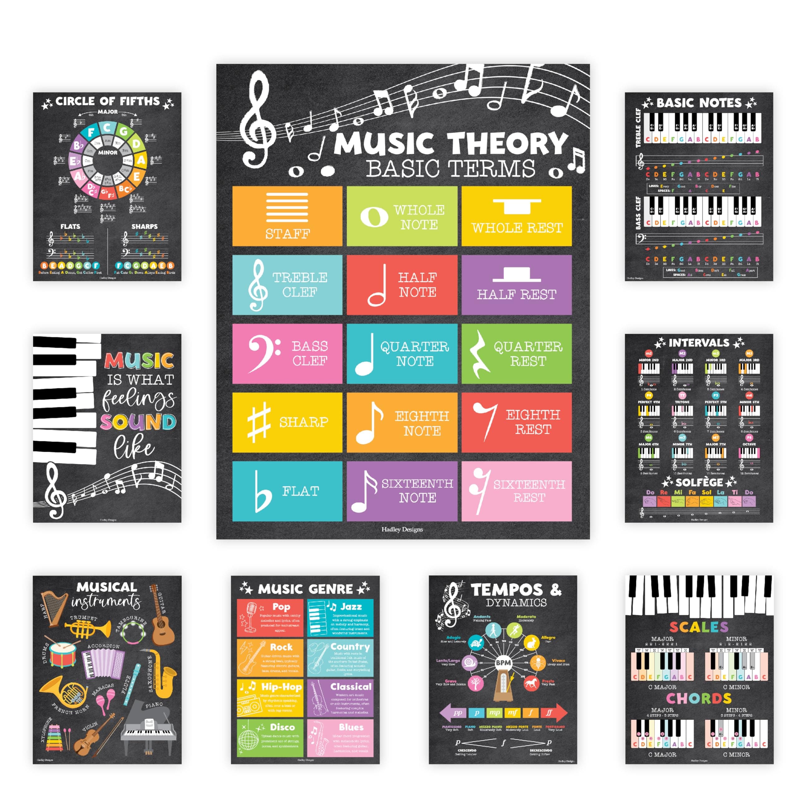 Hadley Designs Music Classroom Decor –9 Music Classroom Posters Elementary, Choir & Solfege Posters, Solfege Hand Signs & Musical Instruments Bulletin Board Decorations, Chalkboard Teacher Must Haves