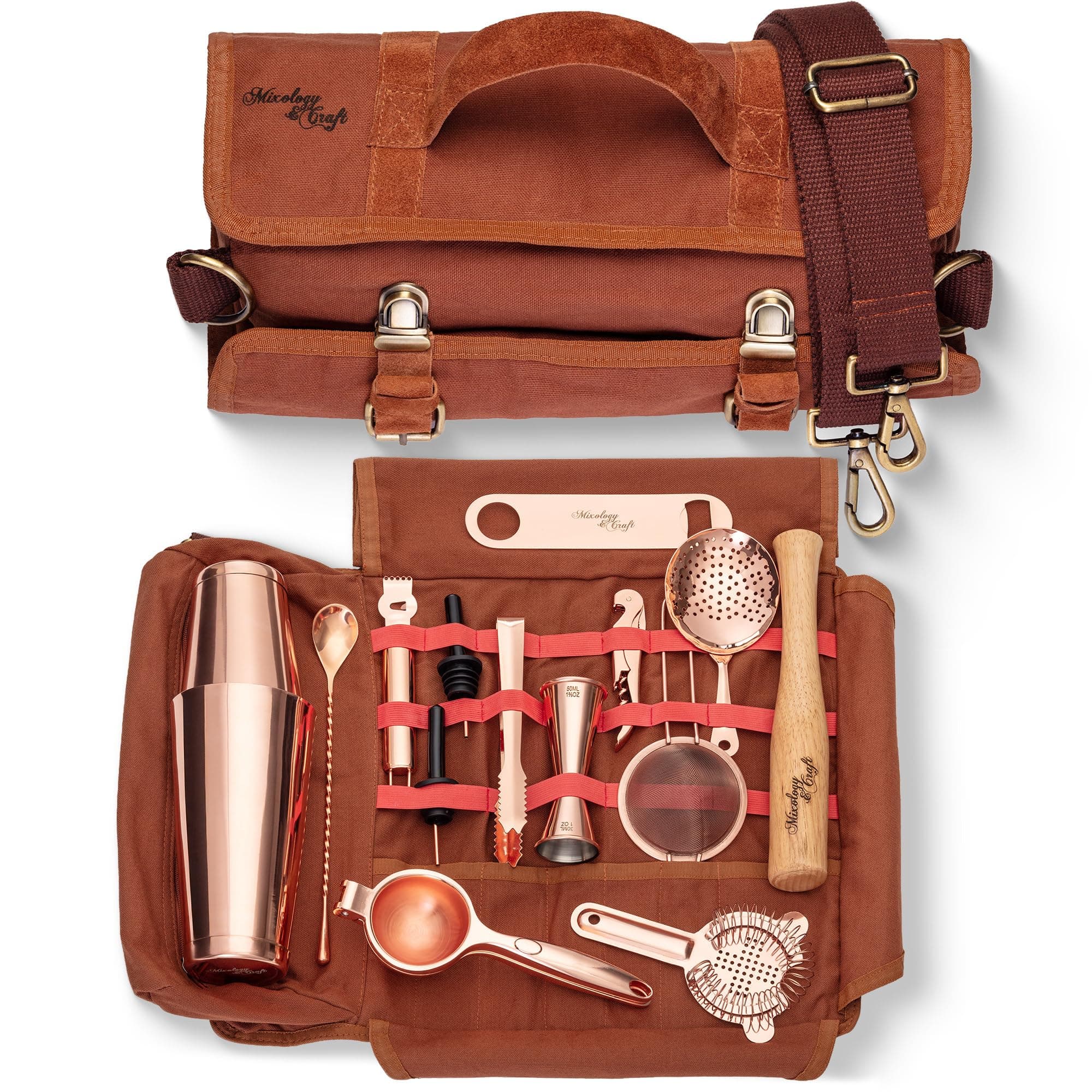 Mixology & Craft Travel Bartender Kit Bag | 17-Piece Copper Bar Tool Set with Tote Bag & Shoulder Strap for Portable Home Cocktails, Parties | Complete Bartender Tools Kit in Bag for Travel Bar