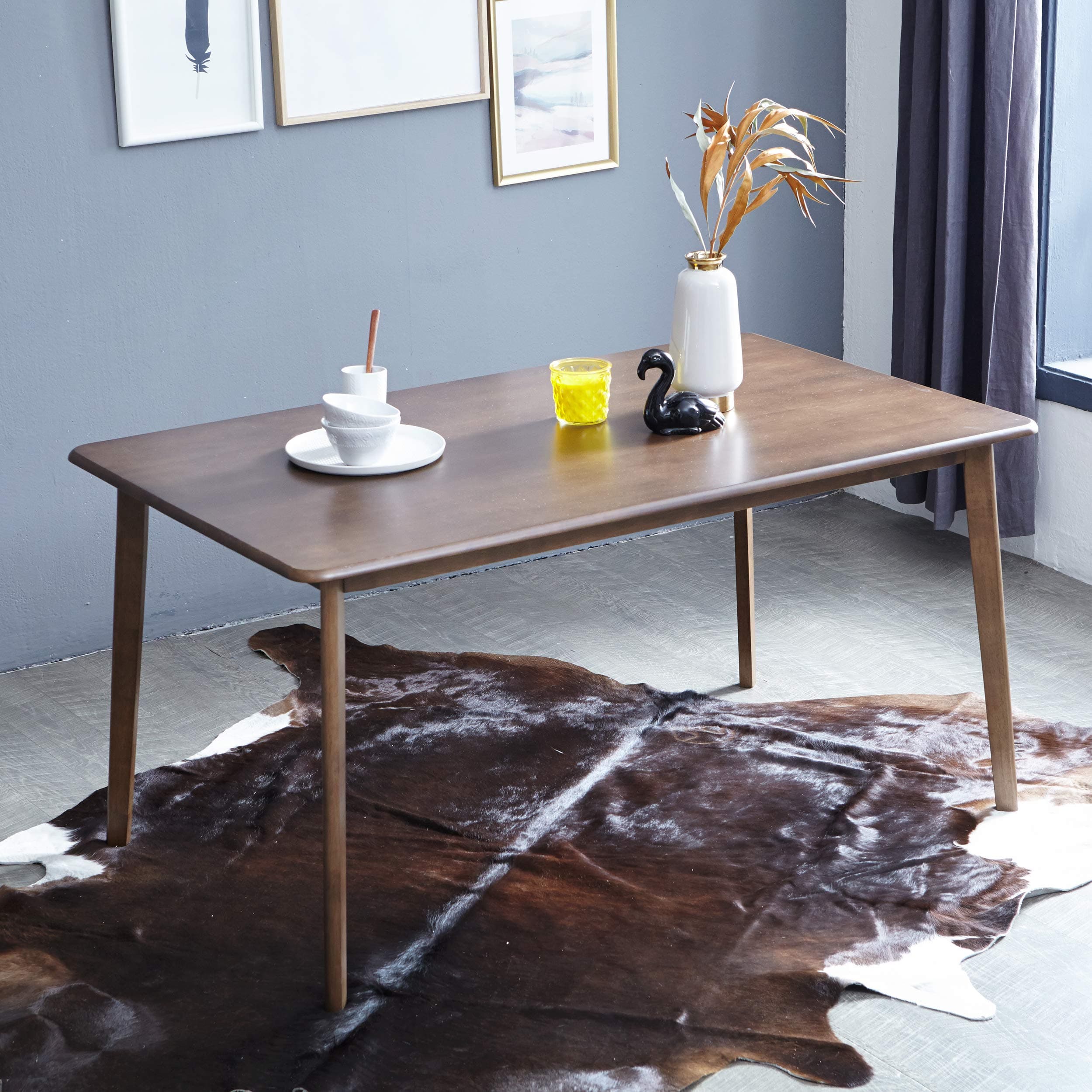 Livinia Canberra Dining Table, Mid Century Solid Hardwood Kitchen Desk, Rectangle Leisure Table for 6-Person, Morden Wooden Desk for Home Office Pedestal Living Room Apartment (Walnut)