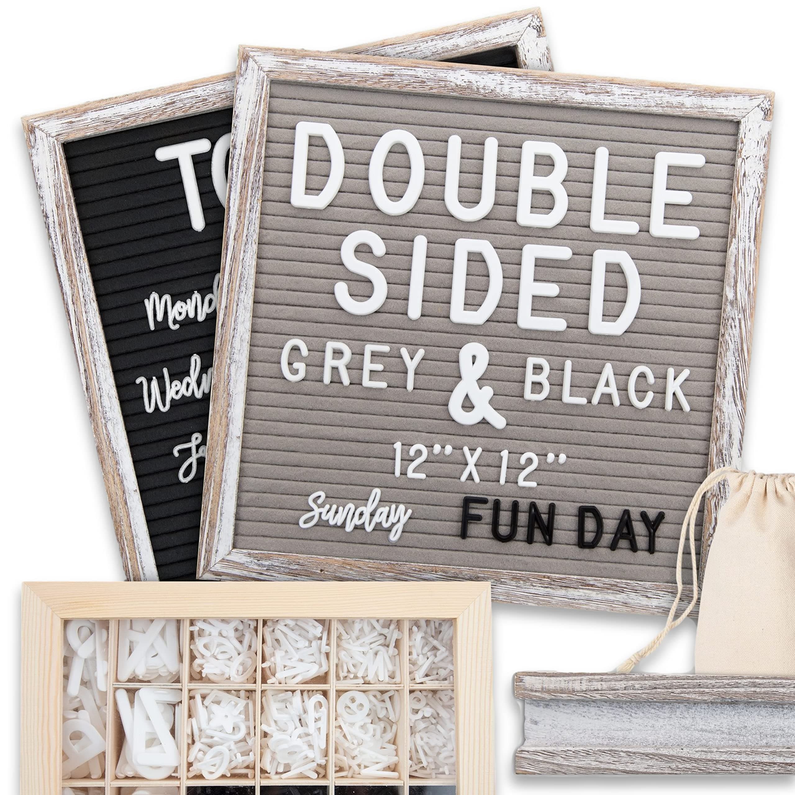 Little Hippo Felt Letter Board Sign with Pre-Cut Letters - Wood Message Board with Letters and Stand, Baby Announcement Sign, Back to School Felt Board (Black & Gray (Rustic), 12x12 Double Sided)