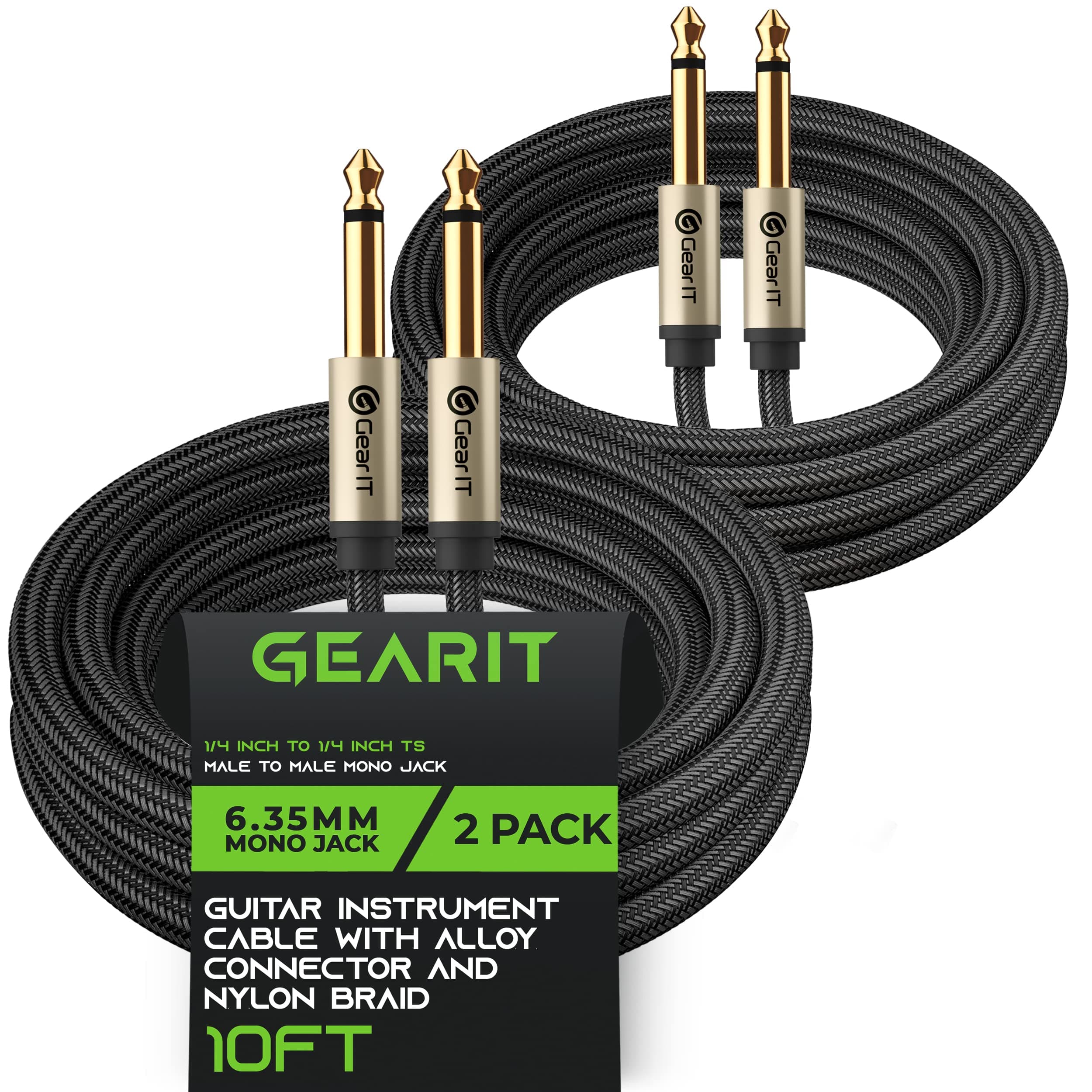 GearIT Guitar Instrument Cable (10ft 2-Pack) 1/4 Inch to 1/4 inch TS Straight Male to Male 6.35mm Mono Jack with Alloy Connector and Nylon Braid