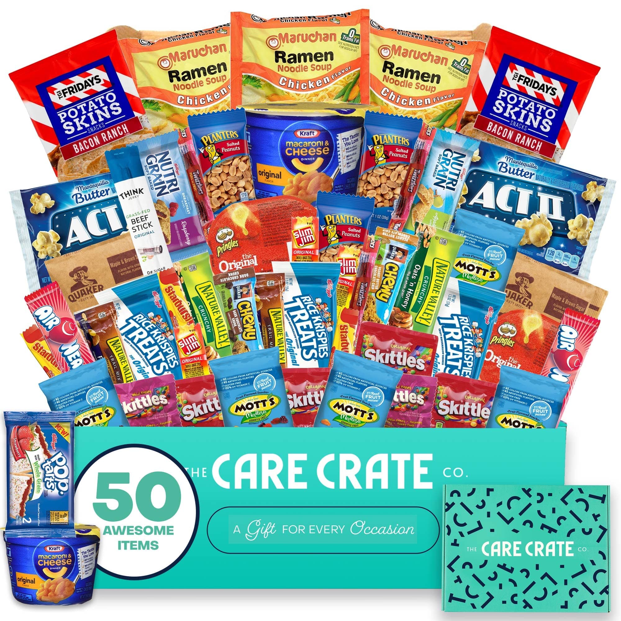 Microwave Snack Care Package - 50 Piece Bulk Variety Pack Box Snack Box Gift Idea for Adults and Kids with Ramen, Popcorn, Mac n Cheese, Pop-tarts, Assorted Chips, Granola Bars and Candy