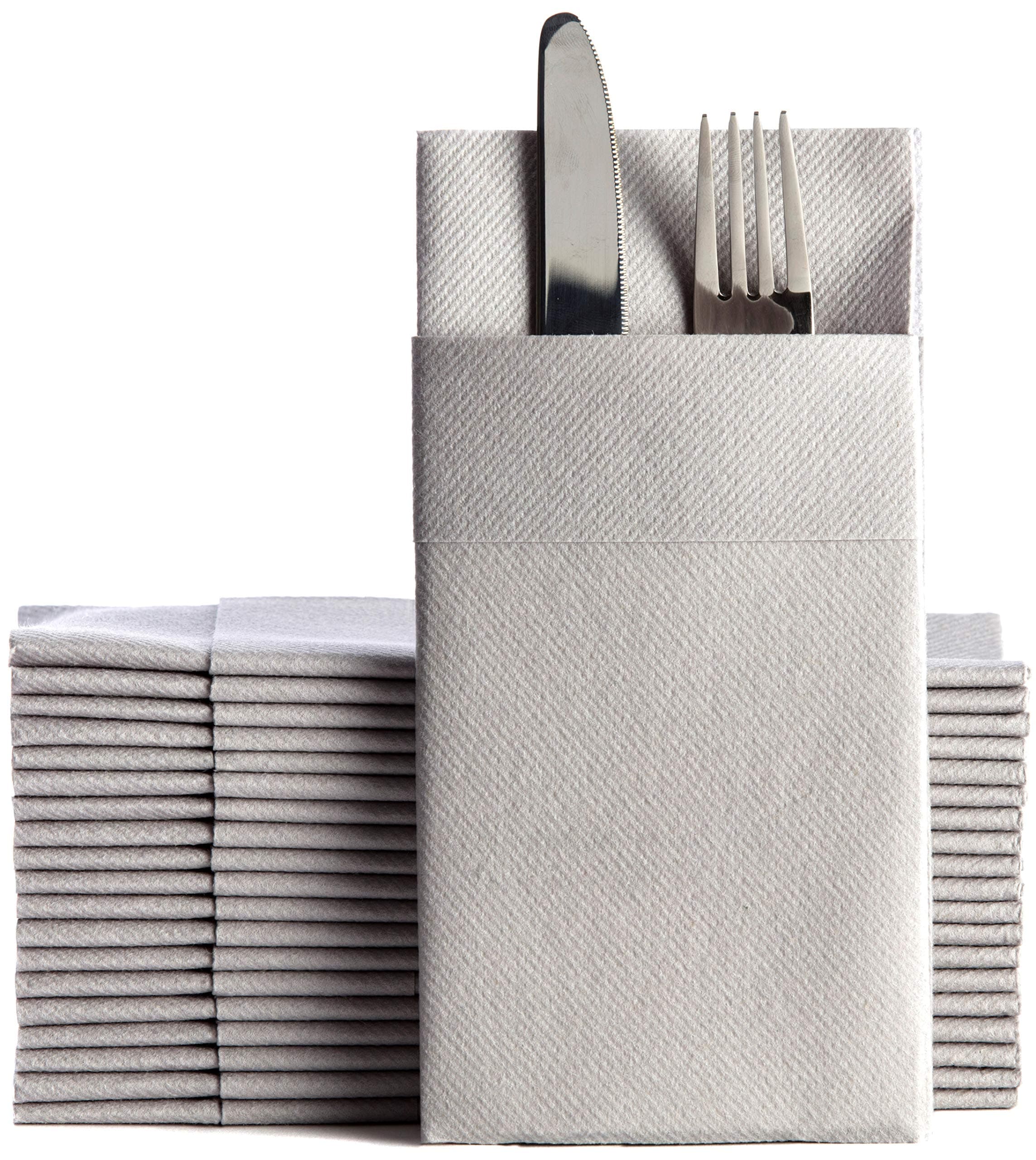 Gray Dinner Napkins Cloth Like with Built-in Flatware Pocket, Linen-Feel Absorbent Disposable Paper Hand Napkins for Kitchen, Bathroom, Parties, Weddings, Dinners or Events, 16x16 inches, Pack of 50