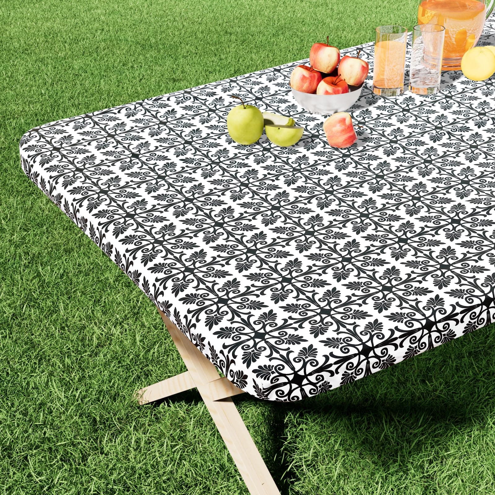 misaya Rectangle Vinyl Table Cloth, Elastic Fitted Flannel Backed Tablecloth, 100% Waterproof Plastic Table Cover Fits 6 Foot Folding Tables for Easter, Picnic, Camping, Outdoor (Black, 30" x 72")