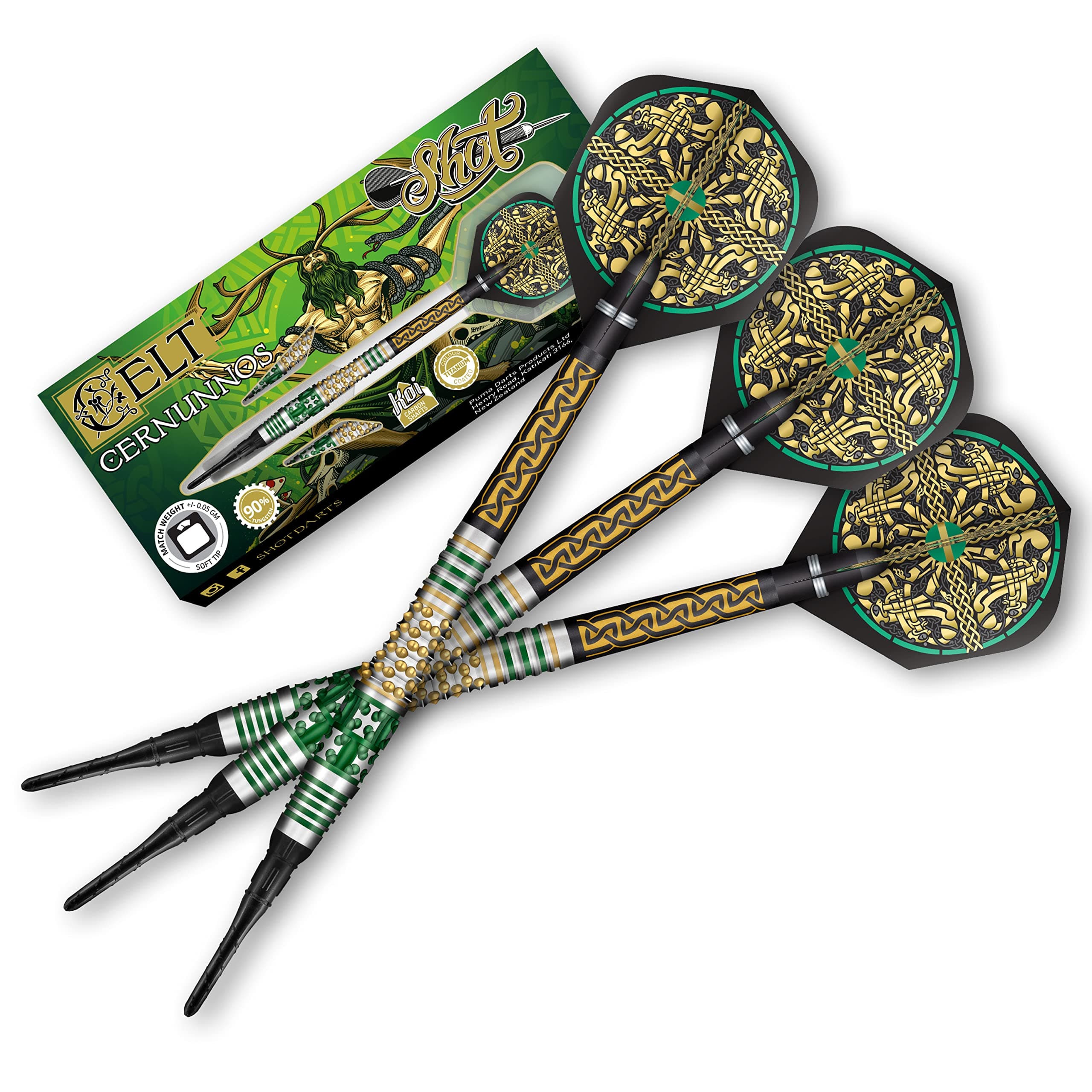 Shot! Celt Cernunnos Soft Tip Dart Set 90% Tungsten Pro Throwing Darts Soft Tip Set, Professional – Made in New Zealand – Designed Dart Flights for Women & Men – Plastic Tip Bar Darts for Adults