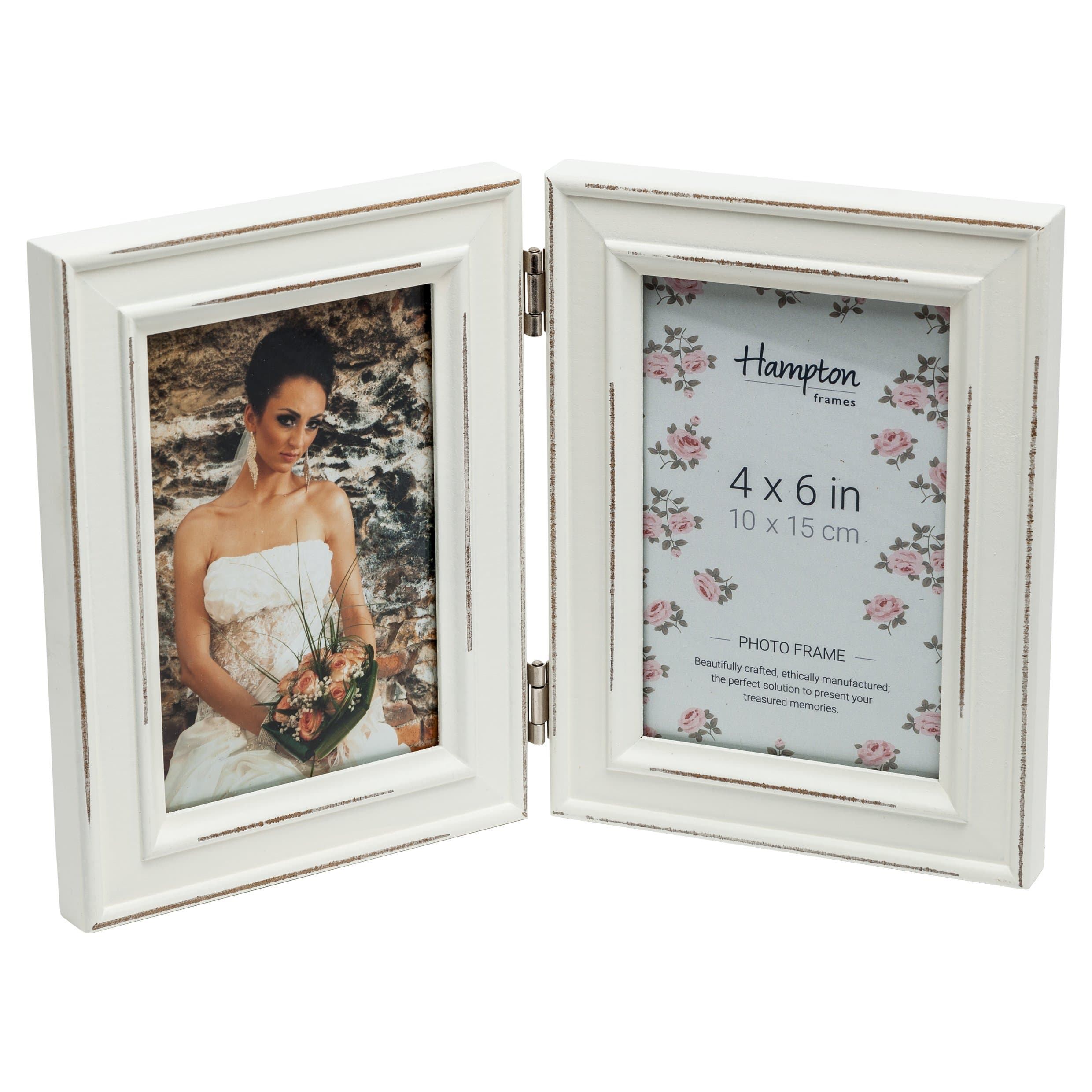 Hampton Frames | PALOMA Hinged Double Photo Frame | 4x6 Inch (10x15cm), White MDF, Glass | Freestanding, Portrait, Distressed Finish | Display for Pictures