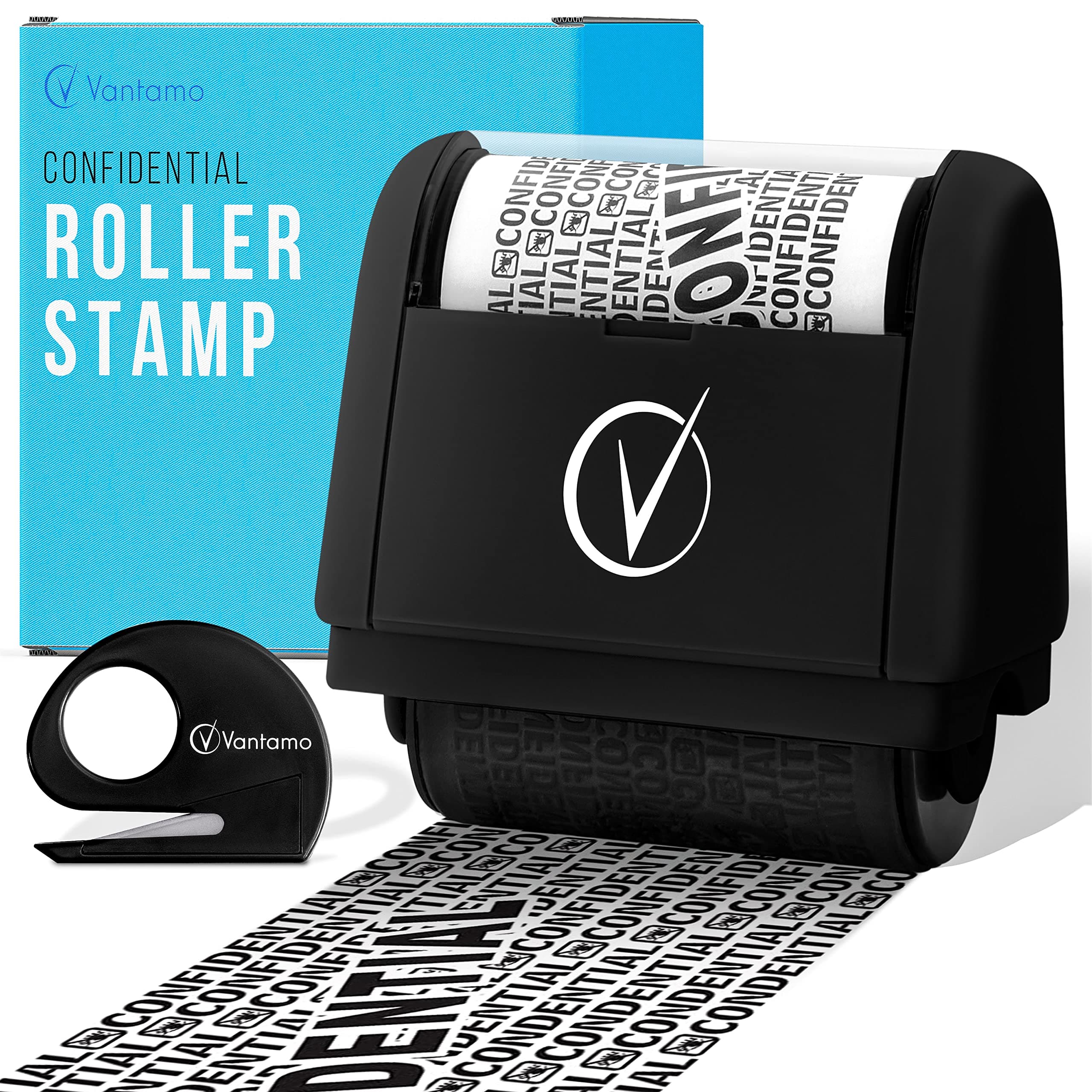 Vantamo Identity Theft Protection Roller Stamp for Hiding Sensitive Information, Wide Confidential Stamp with Box Cutter, Security Stamp Roller for Identity Theft Prevention, Black
