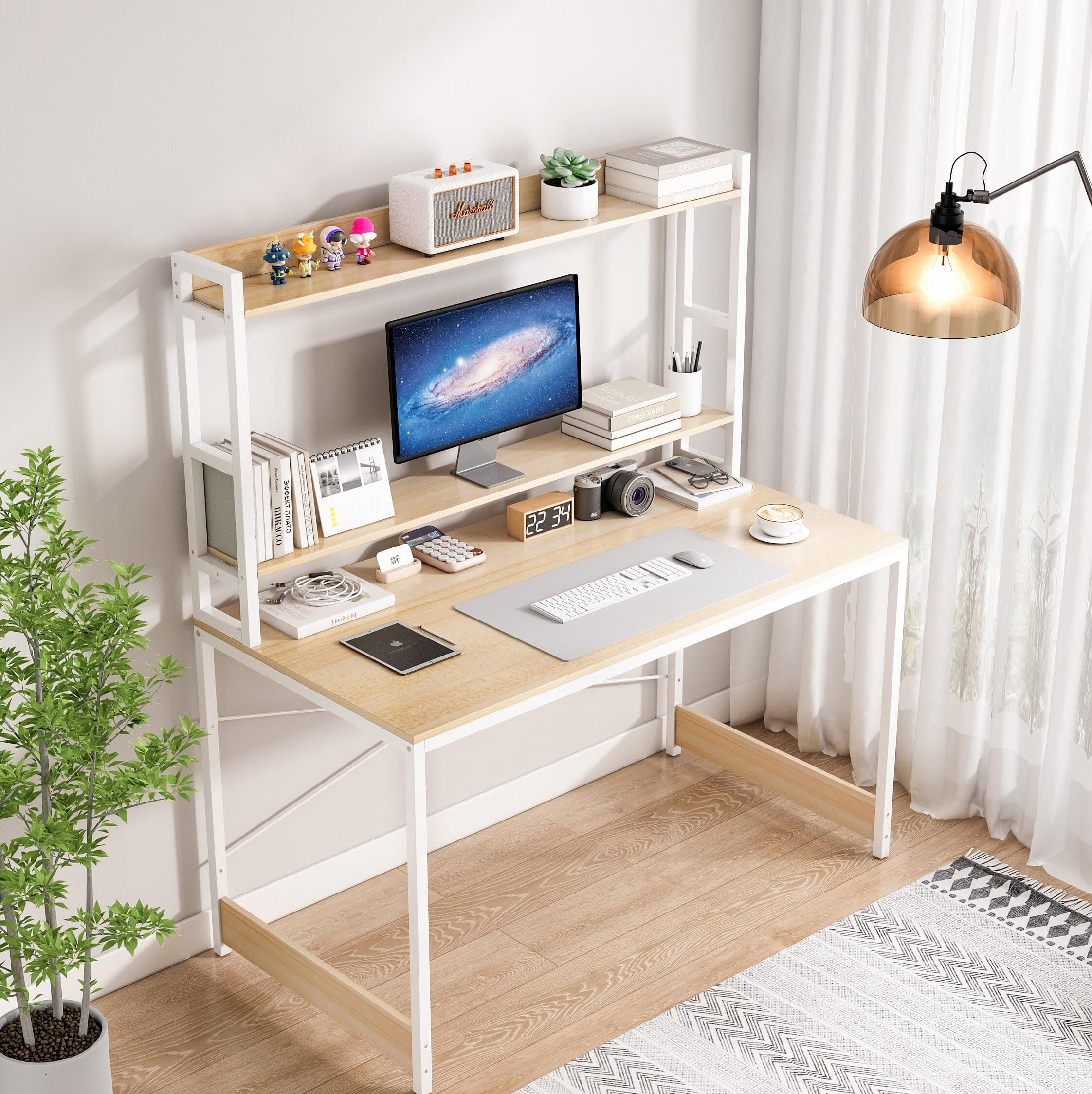 Study Desk with Hutch, Computer Desk, Writing Table with Shelf, Home Desk with Bookshelf, Space-Saving Workstation Tables, Easy-Assembly Study Office Table for Home Office Room, 110x53x70cm, Beige