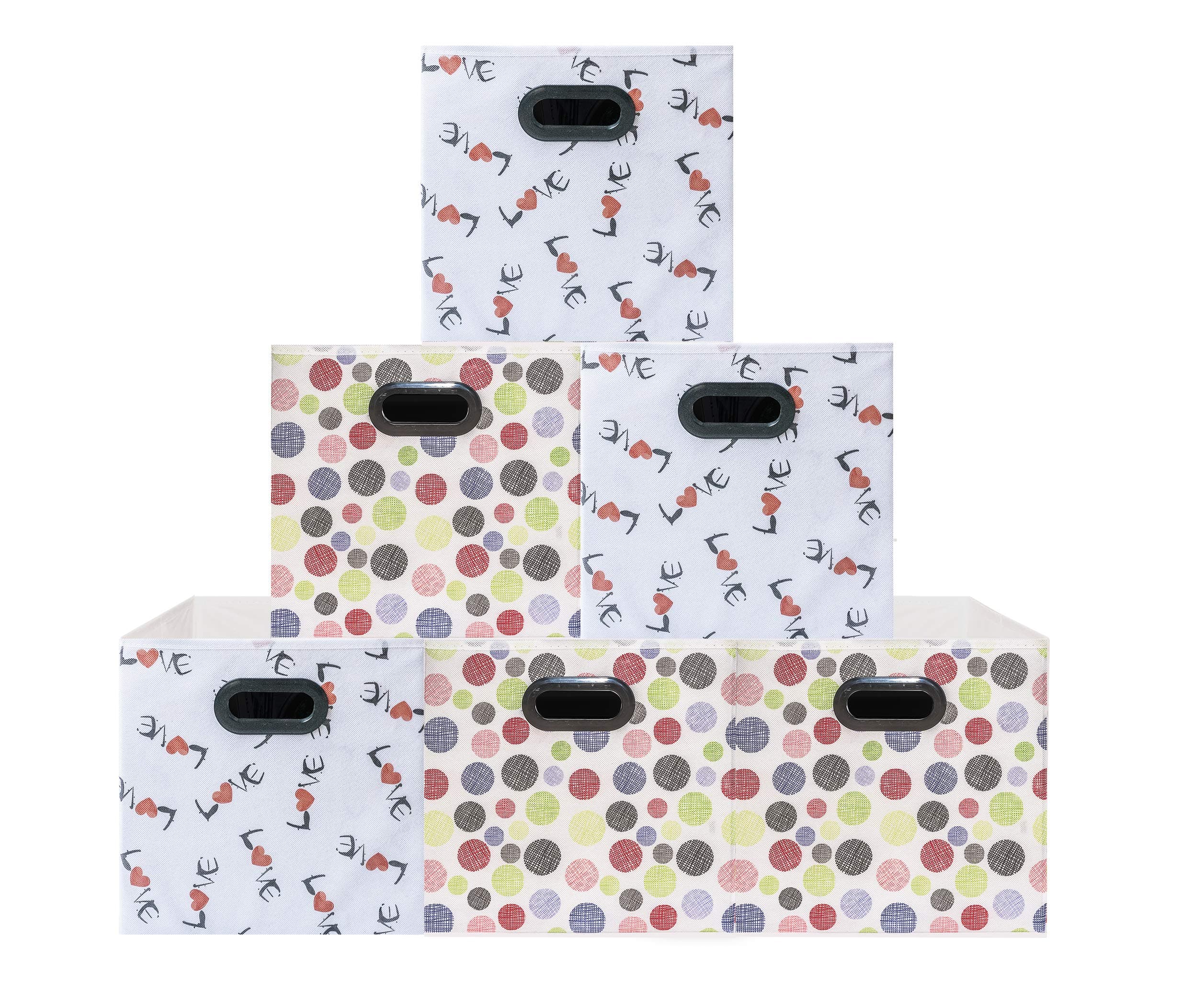 (6 Pack Polka&Love Pattern) Unique Design Storage Bins,12inch(Large) Stylish Containers, Gift Boxes,Strong Beautiful Tote, Baskets| Two Plastic Handles Collapsible Household Organization