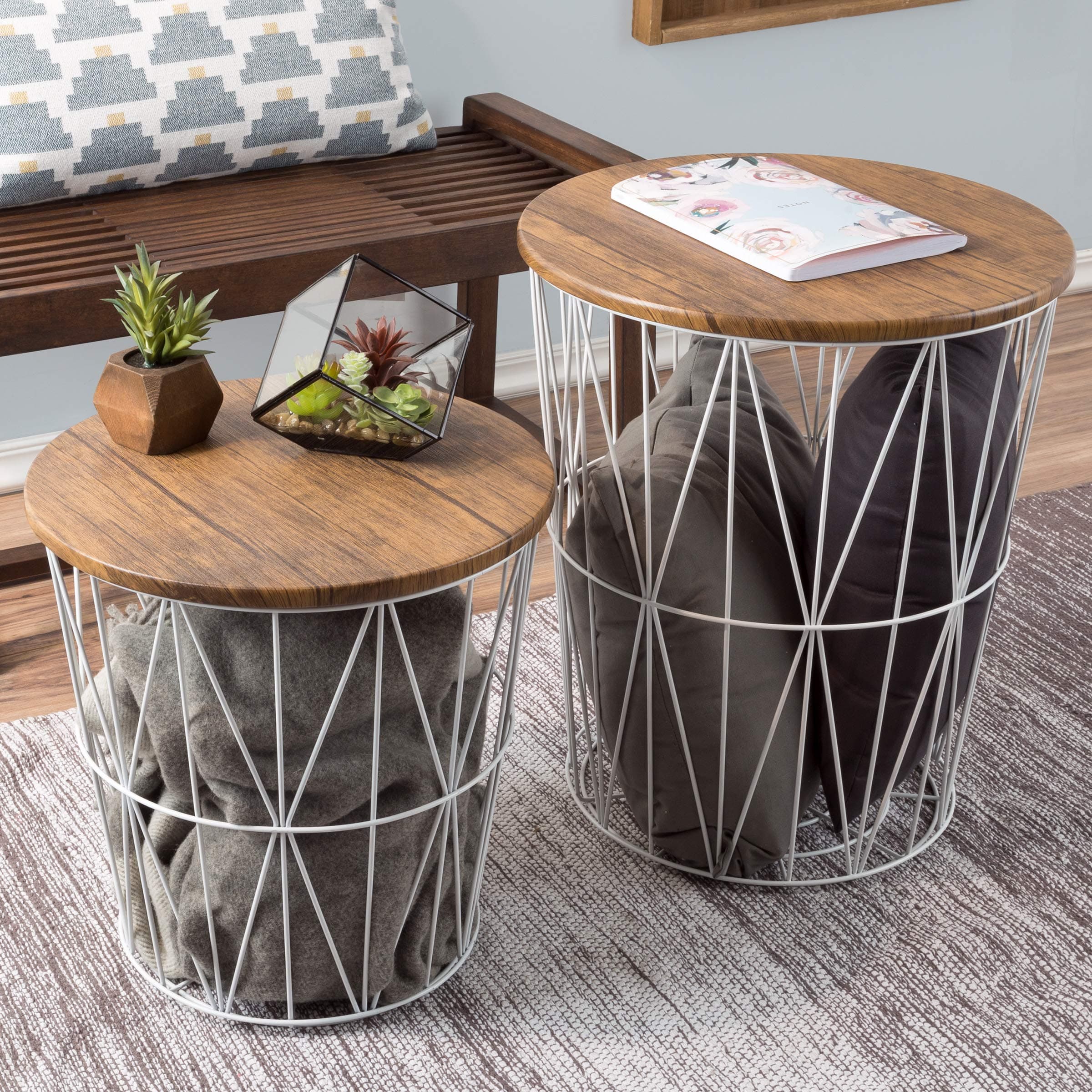 End Tables Set of 2 - Nesting Tables with Removable Wood Tops and Metal Wire Baskets for Blanket Storage - Round Side Furniture for Living Room, Bedroom, or Home Office by Lavish Home (Brown/White)