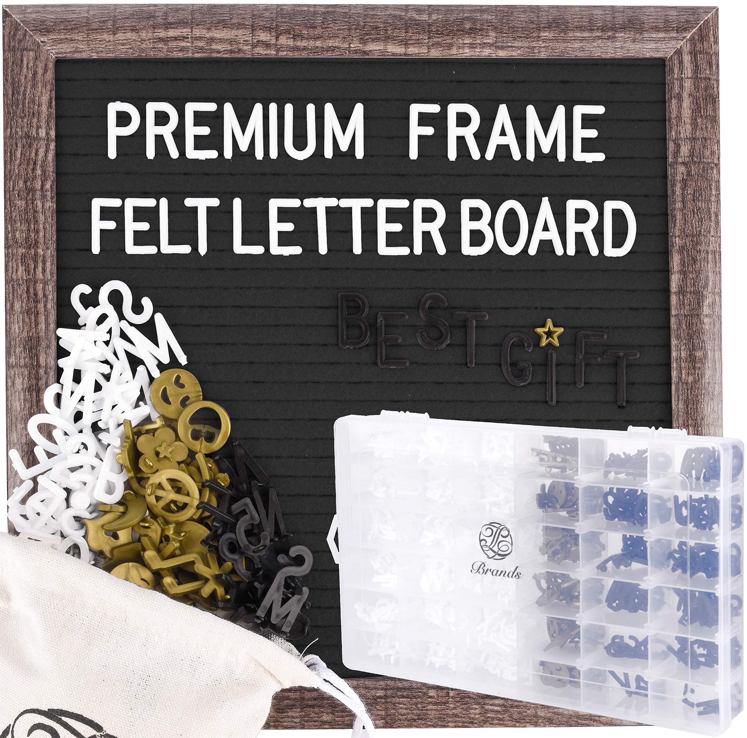 Letter Board - Rustic White Wood, Sorting Tray, 525 Precut White, Pink, Gold Letters, Numbers, Emojis, Blue Felt 10x10 Farmhouse Antique Vintage Frame Changeable Message, Stand, Cotton Bag JL Brands