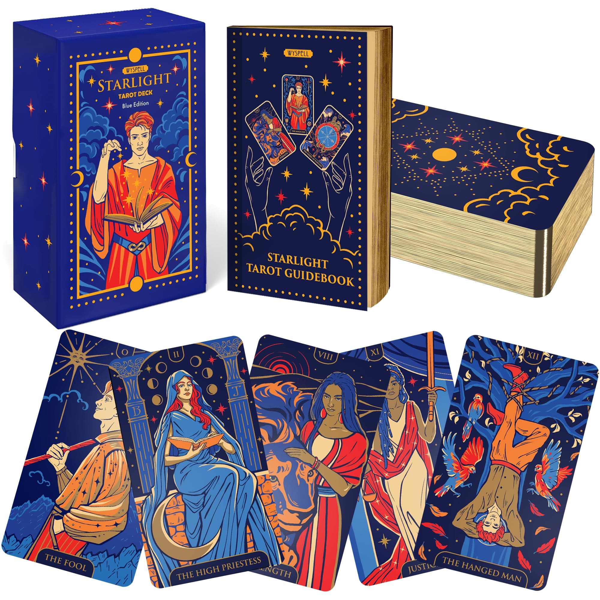 Wyspell Tarot Cards with Guide Book - Starlight Unique Tarot Deck for Beginners - Traditional Symbolism - Beautiful & Modern Tarot Decks (Blue)