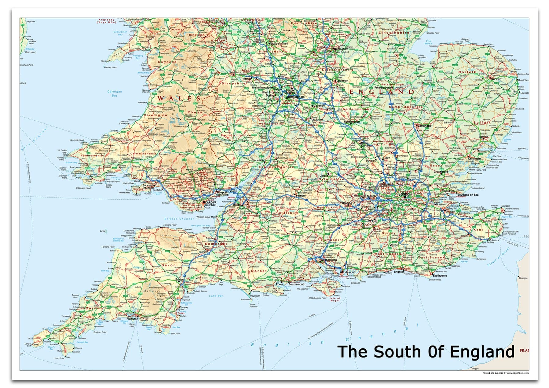 The South of England Physical Map - Size 100 x 70 cm - Paper Laminated