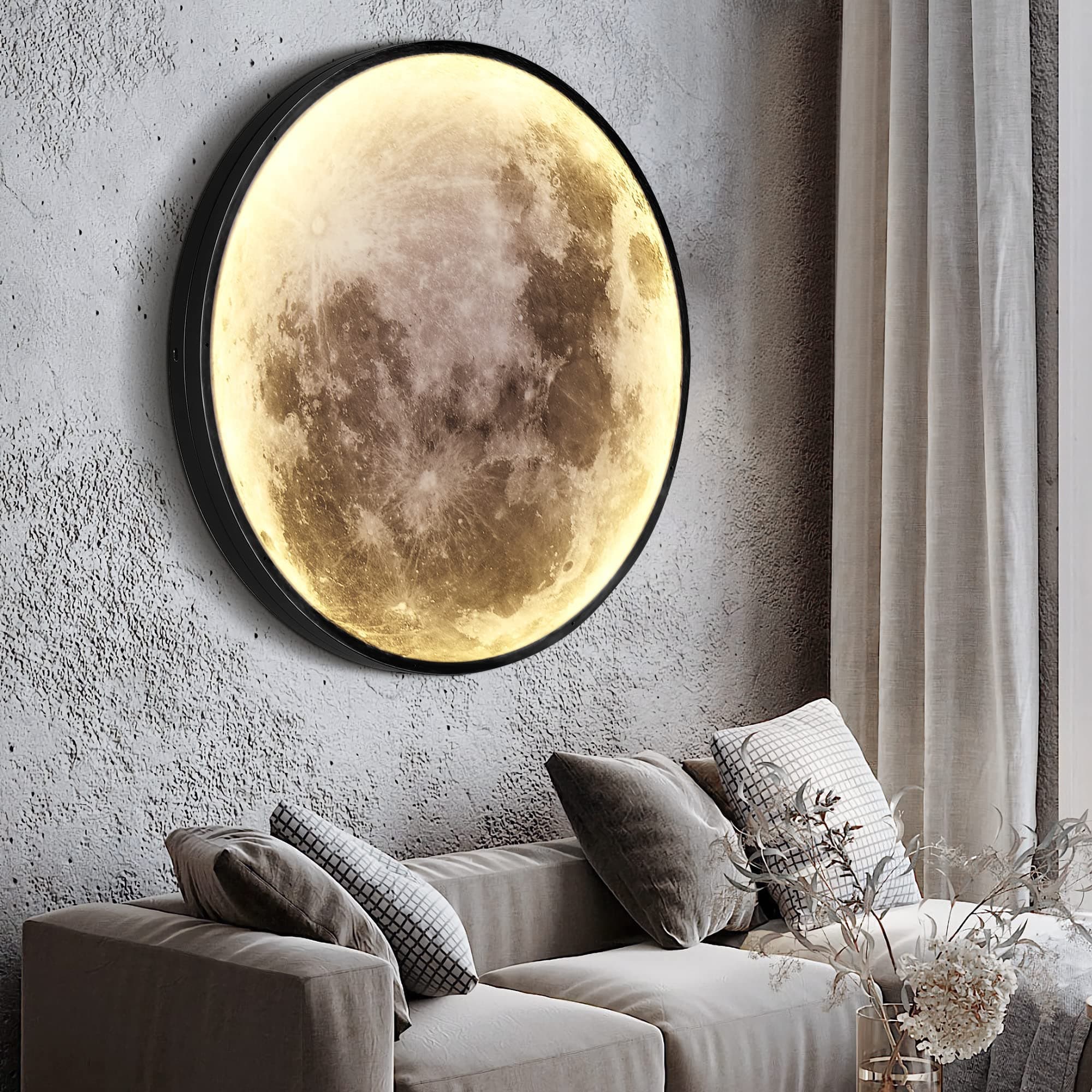 – Dimmable Moon Wall Light 19.6 inch Wall Light with Remote Control, Wiring LED Wall Light, 24W Black Wall Lamp Indoor Wall Mounted Ceiling Light Fixture for Living Room Bedroom (Hardwired, No Plug)