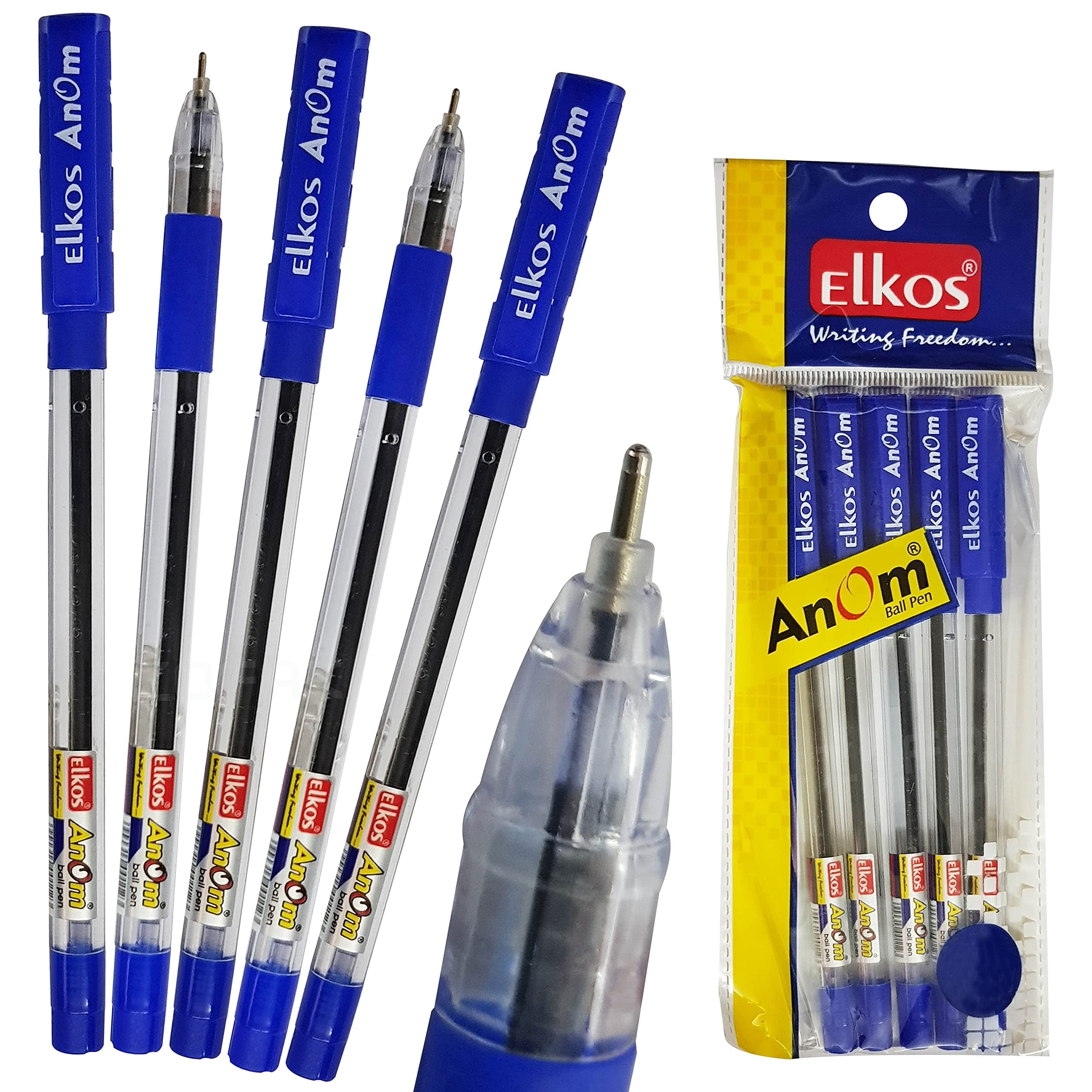 ELKOS BLUE Ballpoint Pens, 0.7mm Fine Point, Pack of 5, Anom Ball Pens, Smooth Biros, Soft Grip, School Office Home Use, ZOFAX Black Ball Pen