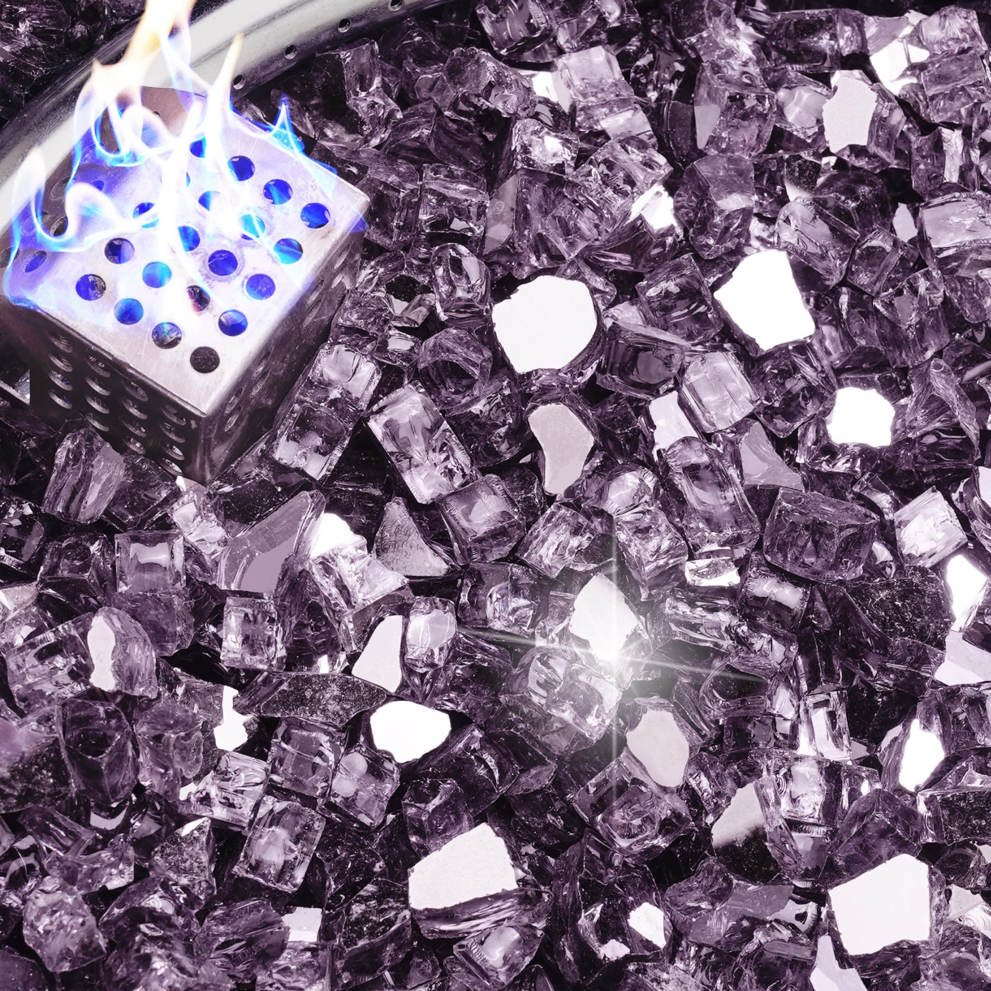 NUPICK 5 Pound Fire Glass, 1/2 Inch Reflective Fire Pit Glass, Tempered Firepit Glass Rock for Propane or Natural Gas, Glass Rocks for Fire Pit Table, Fireplace Glass for Landscaping, Violet