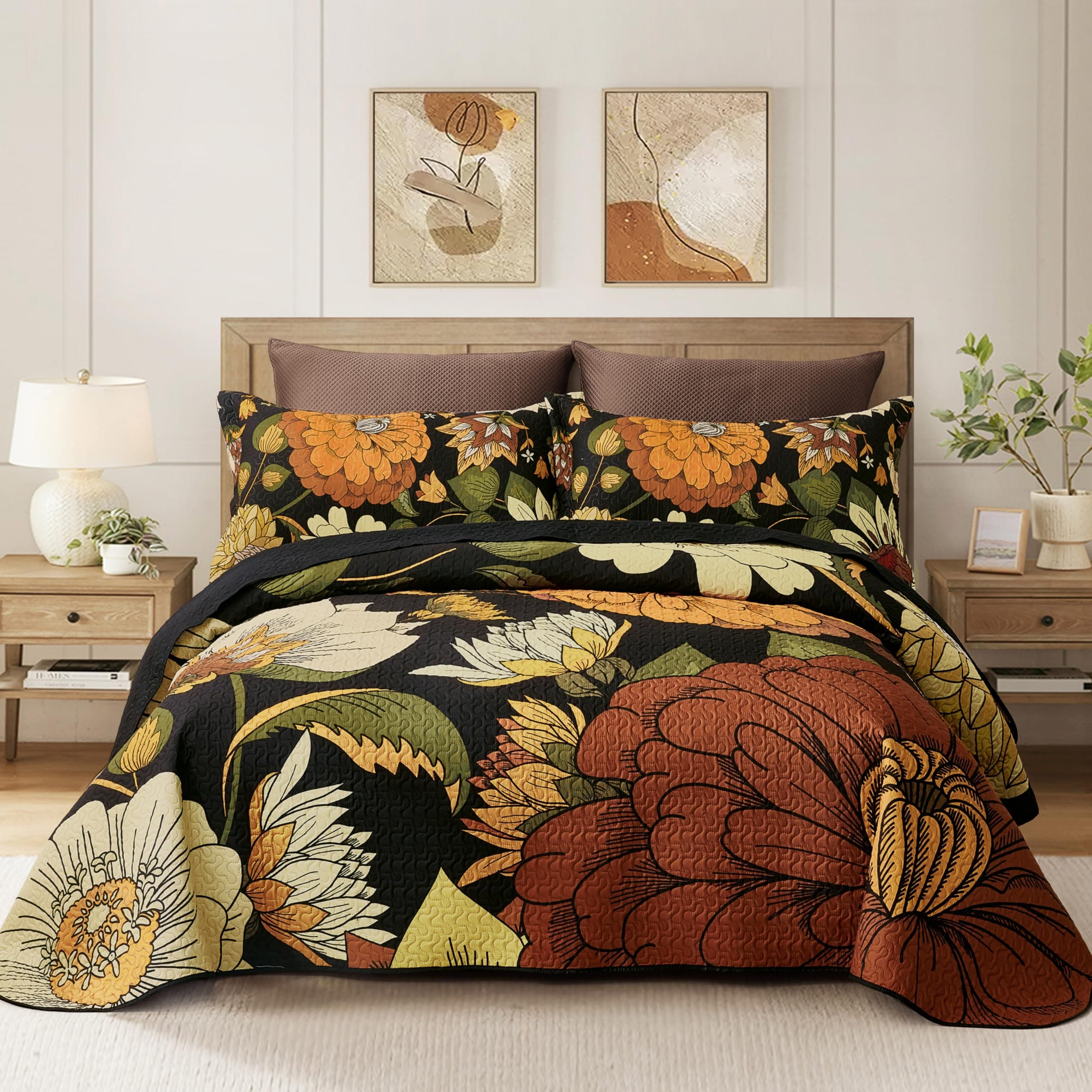 3 Piece Black Boho Floral King Size Quilt Sets Reversible Farmhouse Botanical Lightweight Bedspread Coverlet with 2 Shams Mid Century Microfiber Bedding Quilts Set for All Season,106''x96''