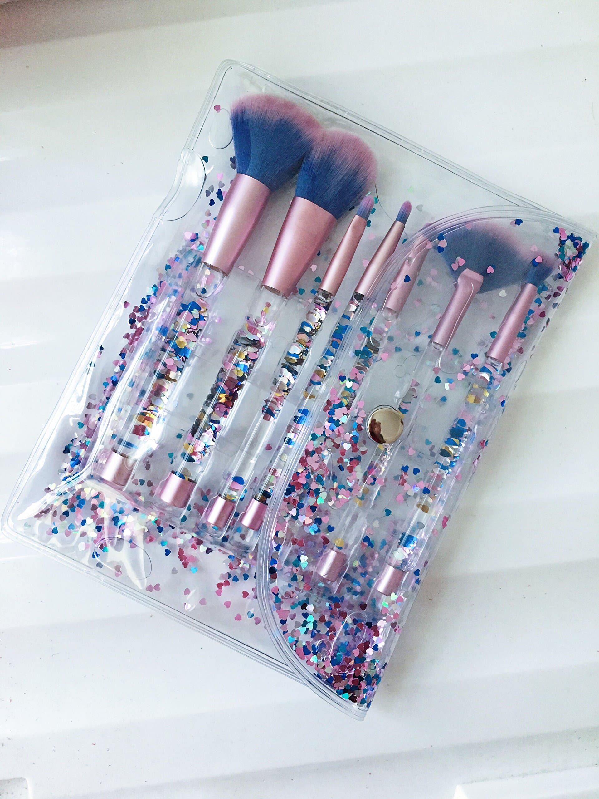 7 PCS Makeup Brushes Set + Bag, Yongf Liquid Sequins Synthetic Kabuki Foundation Blending Blush Eyeliner Face Powder Makeup Brush Kit Beauty Cosmetic Tools (Blue)