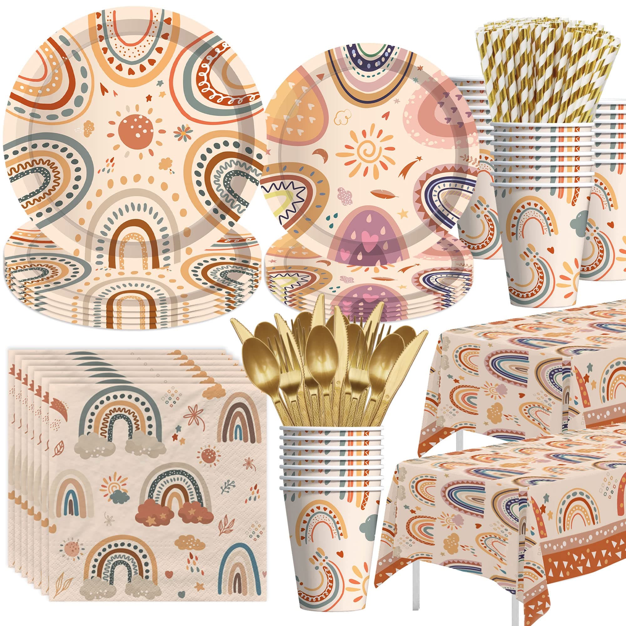 Boho Rainbow Party Decorations Tableware - Boho Rainbow Birthday Party Supplies, Plate, Cup, Napkin, Tablecloth, Cutlery, Straw, Boho Rainbow Baby Shower Decorations Dinnerware | Serve 20