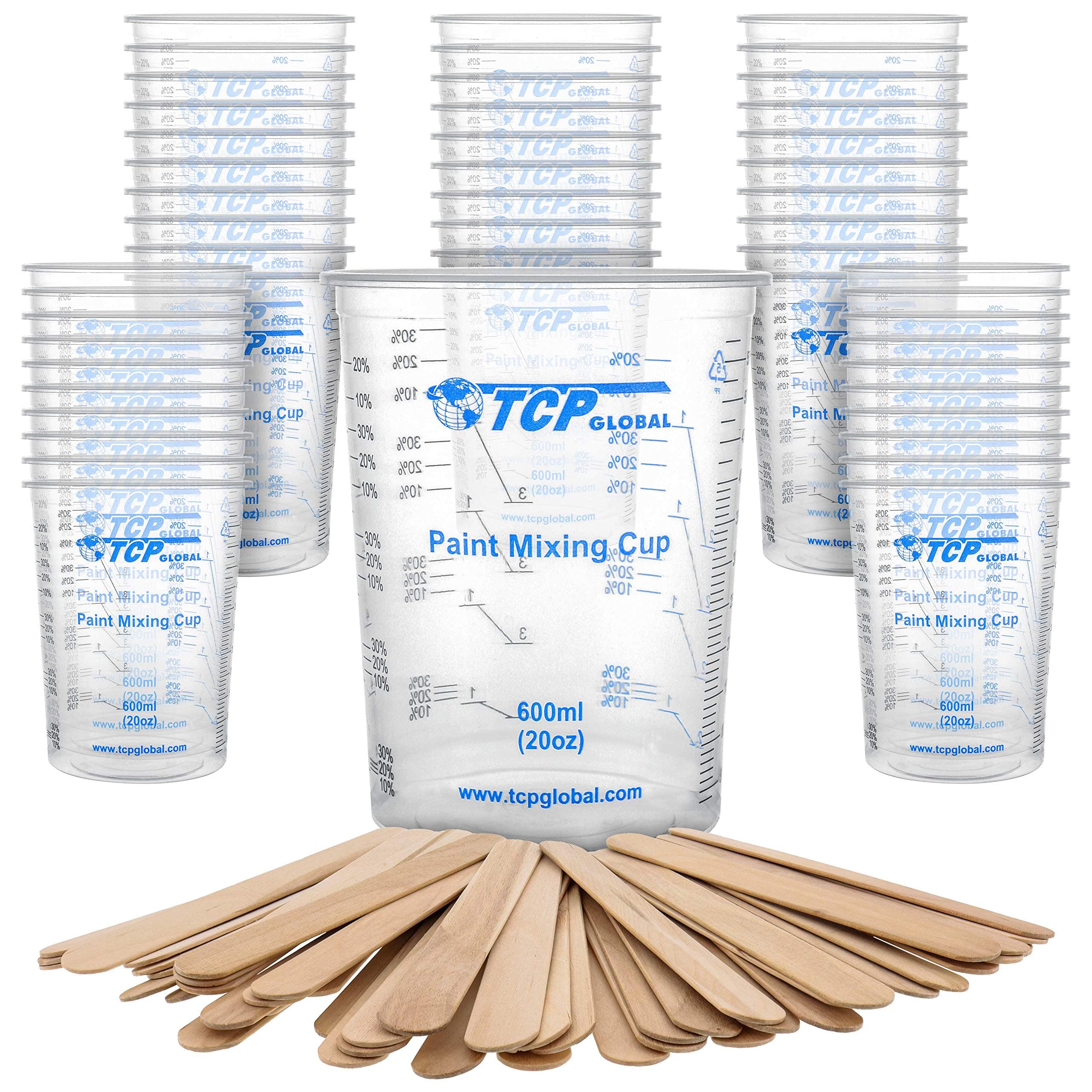 TCP Global 20 oz. (600ml) Graduated Plastic Mixing Cups - Box of 50 with 50 Mixing Sticks - Disposable Plastic Measuring Cups for Liquids, Paints, Resin, Epoxy, Art, Kitchen - Ratios 2-1, 3-1, 4-1 ML