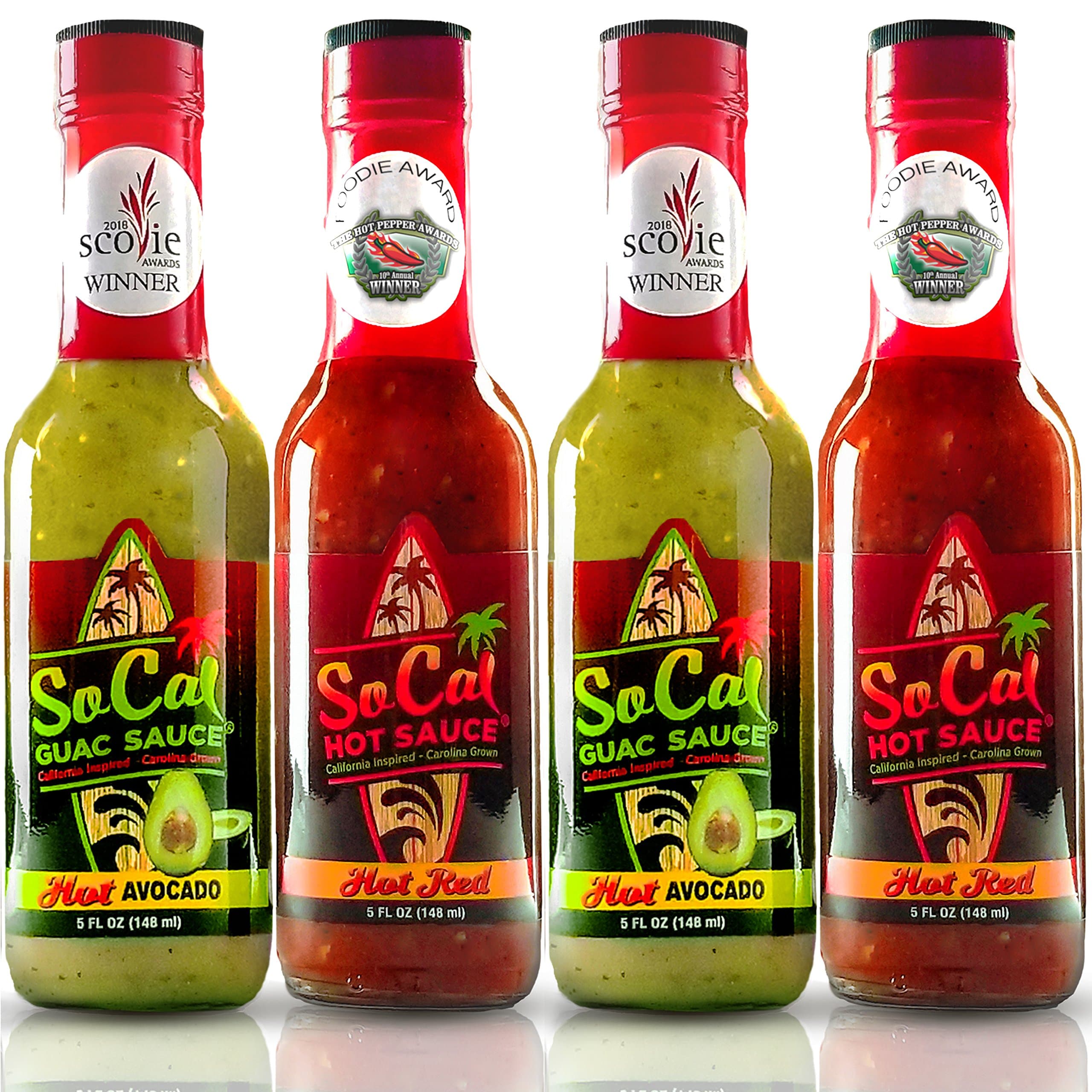 SoCal Hot Sauce | Spicy Set |4-Pack| 2 Bottles Each of: Hot Avocado Guac Sauce- Smooth Salsa Verde with Fiery Green Chiles | Hot Red- Authentic Cali Style Ghost Pepper and Habanero Taco Hot Sauce