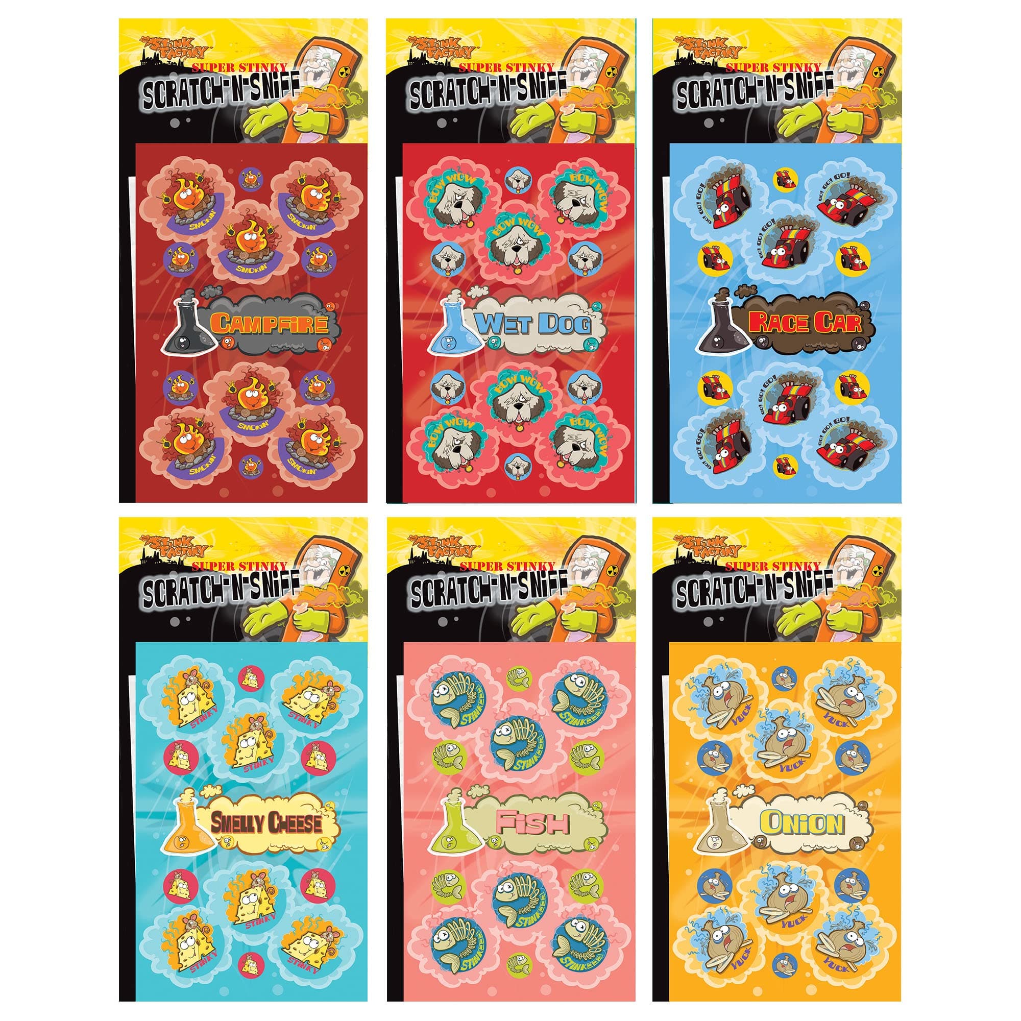 Just For Laughs Dr. Stinky's Scratch N Sniff Stickers 6-Pack, Fish, Campfire, Wet Dog, Smelly Cheese, Race Car, Onion, 162 Total