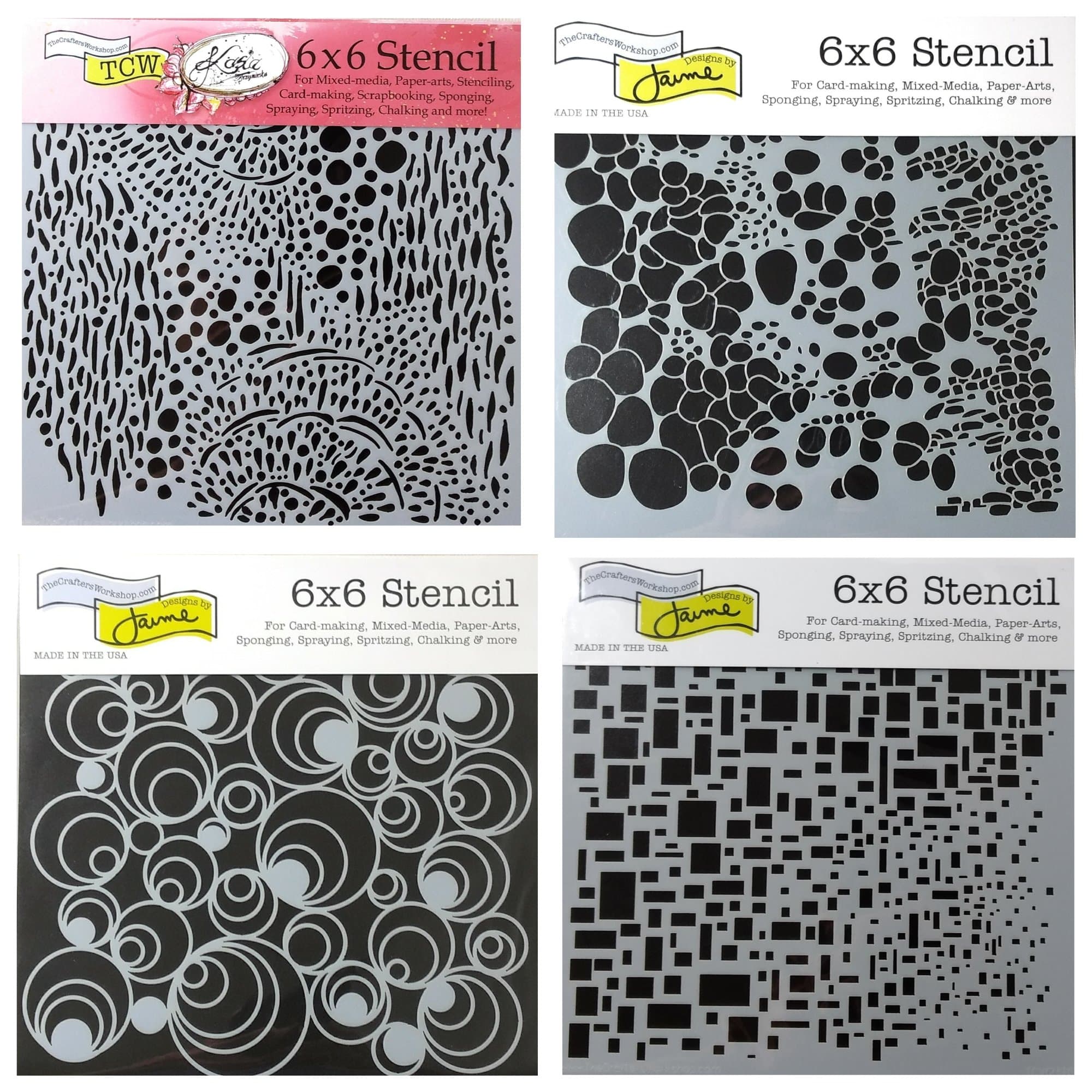 CRAFTERS WORKSHOP 4 Mixed Media Stencils Set | for Arts, Card Making, Journaling, Scrapbooking | 6 inch x 6 inch Templates | Cell Theory, Mod Spirals, Cubist, Sea Bubbles (Оne Расk)