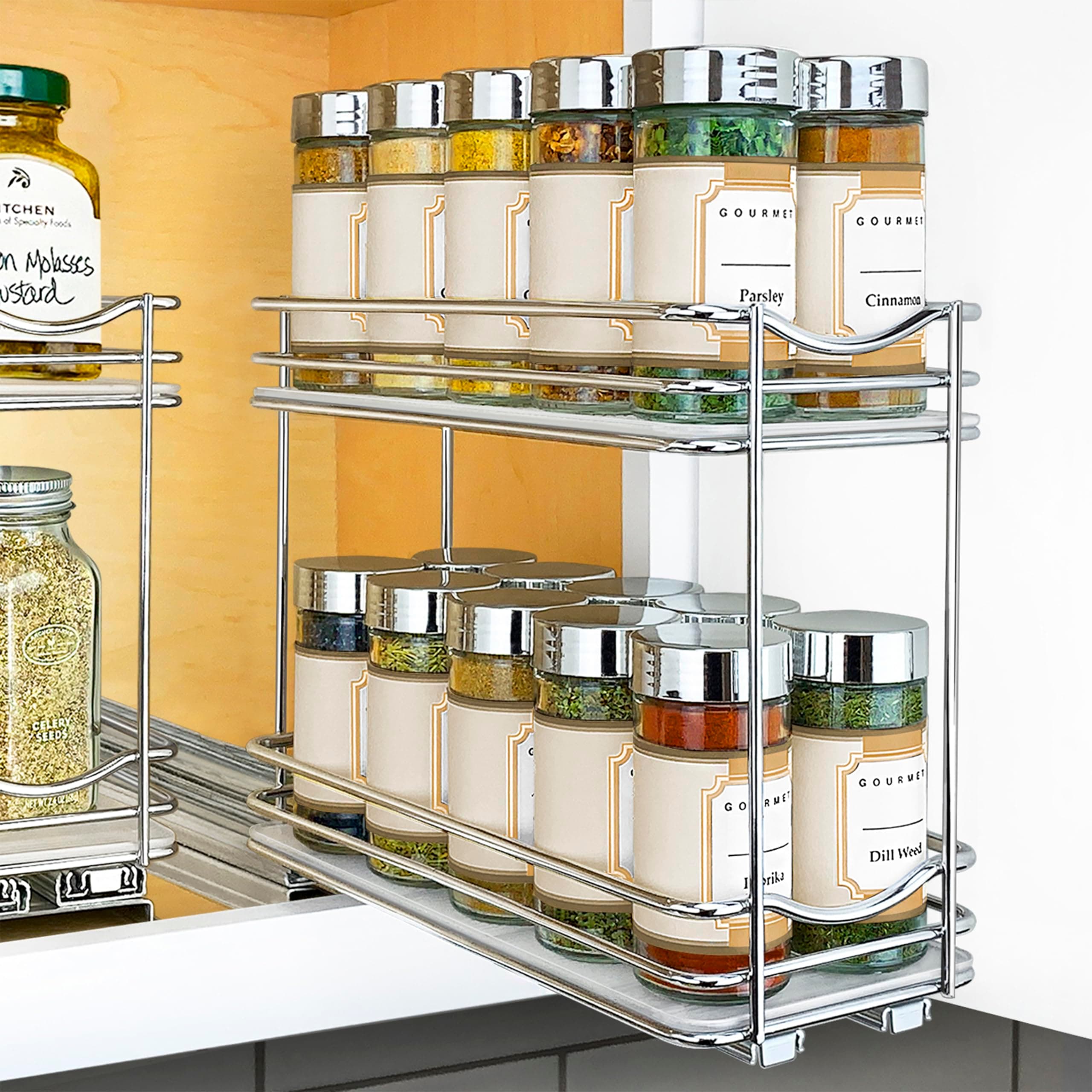 Lynk Professional Slide Out Spice Rack Pull Out Cabinet Organizer 4-1/4 Inch Wide - Double, Chrome.