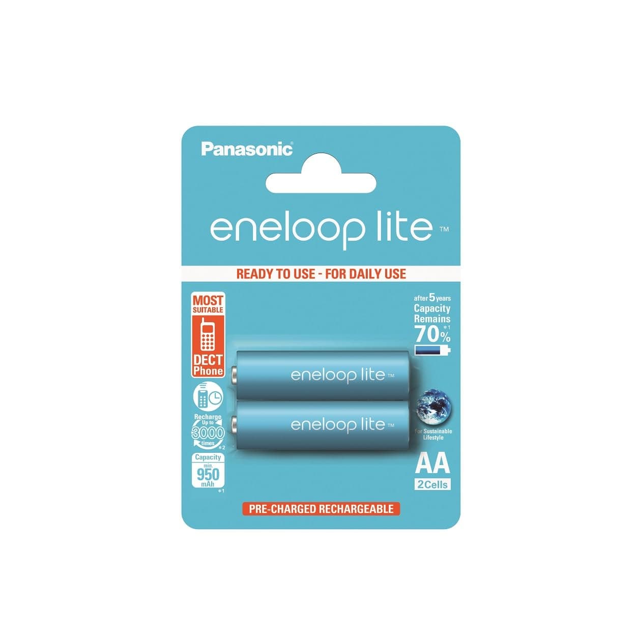 eneloop Lite, AA/Mignon, Rechargeable Battery, Pack of 2, Capacity of 950 mAh, Ready-to-Use Ni-MH Batteries, 3000 Recharge Cycles, Plastic Free Packaging, Lite, Blue, Ideal for Dect Phones