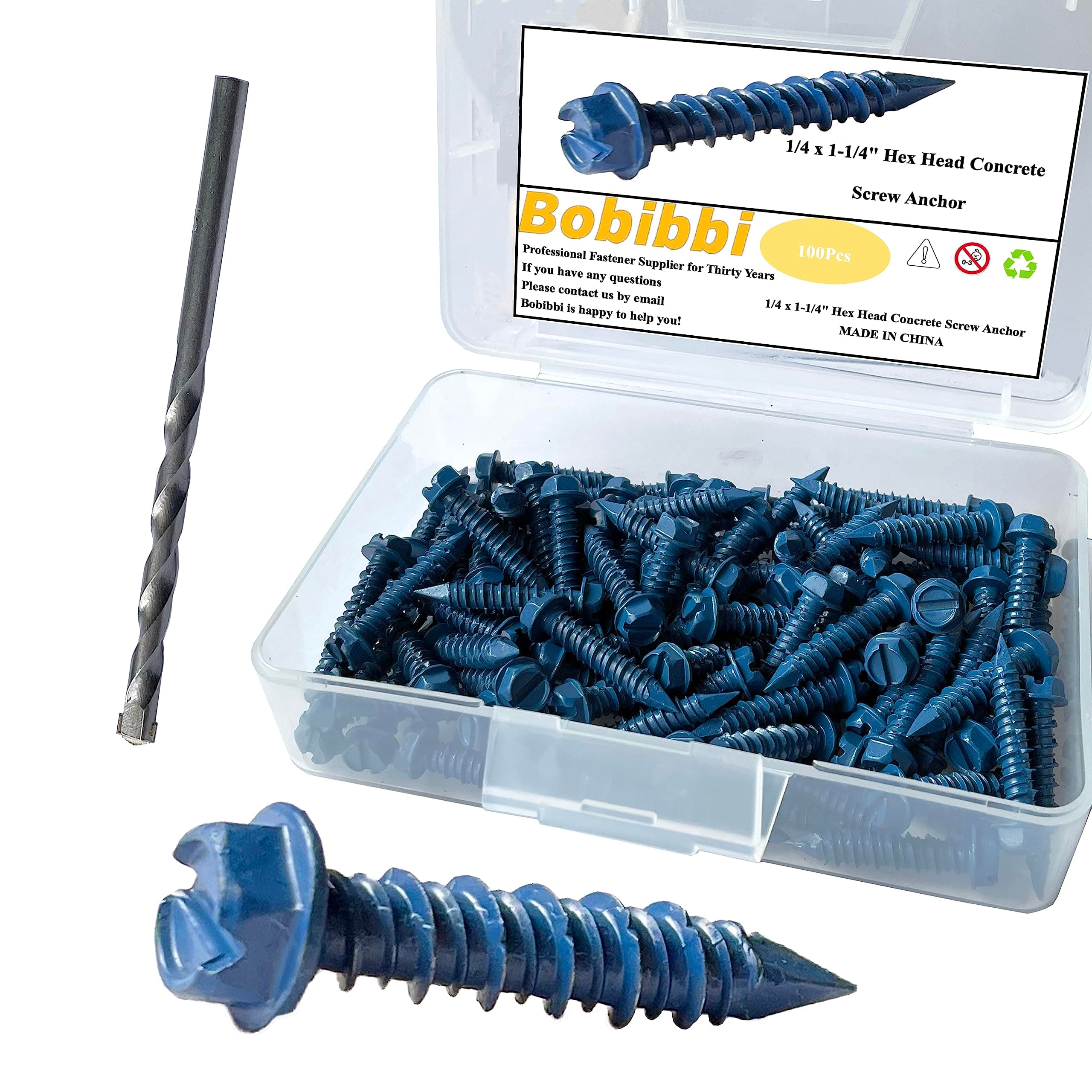 1/4 x 1-1/4" Hex Head Concrete Screw Anchor, for Anchoring to Masonry, Block or Brick (100Pcs)