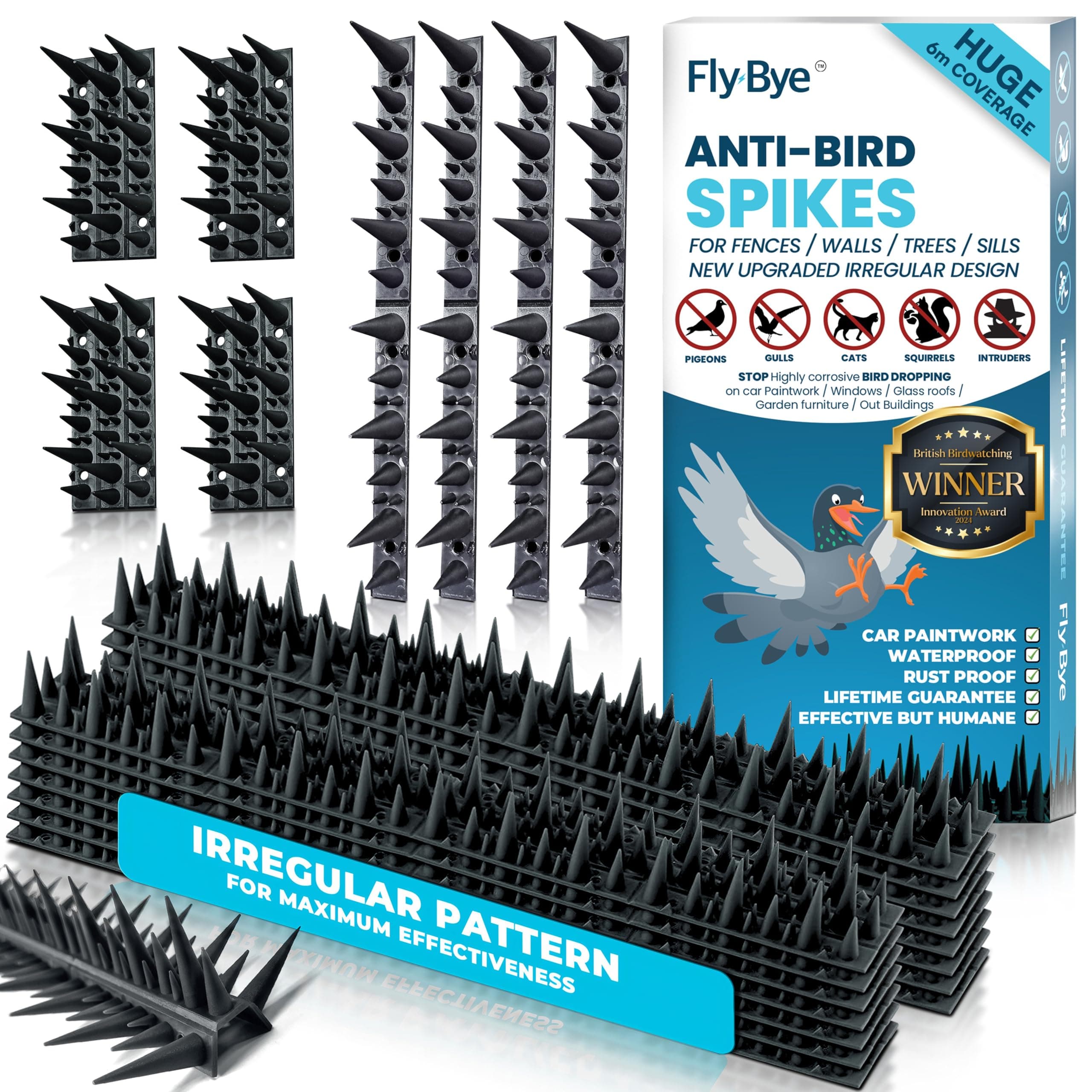 Fly-Bye Anti Bird Spikes - 6m Coverage with 2500+ Spikes - Pigeon and Bird Deterrent for Walls, Fences, Roofs - Irregular Design for Effective Cat and Bird Control Outdoors